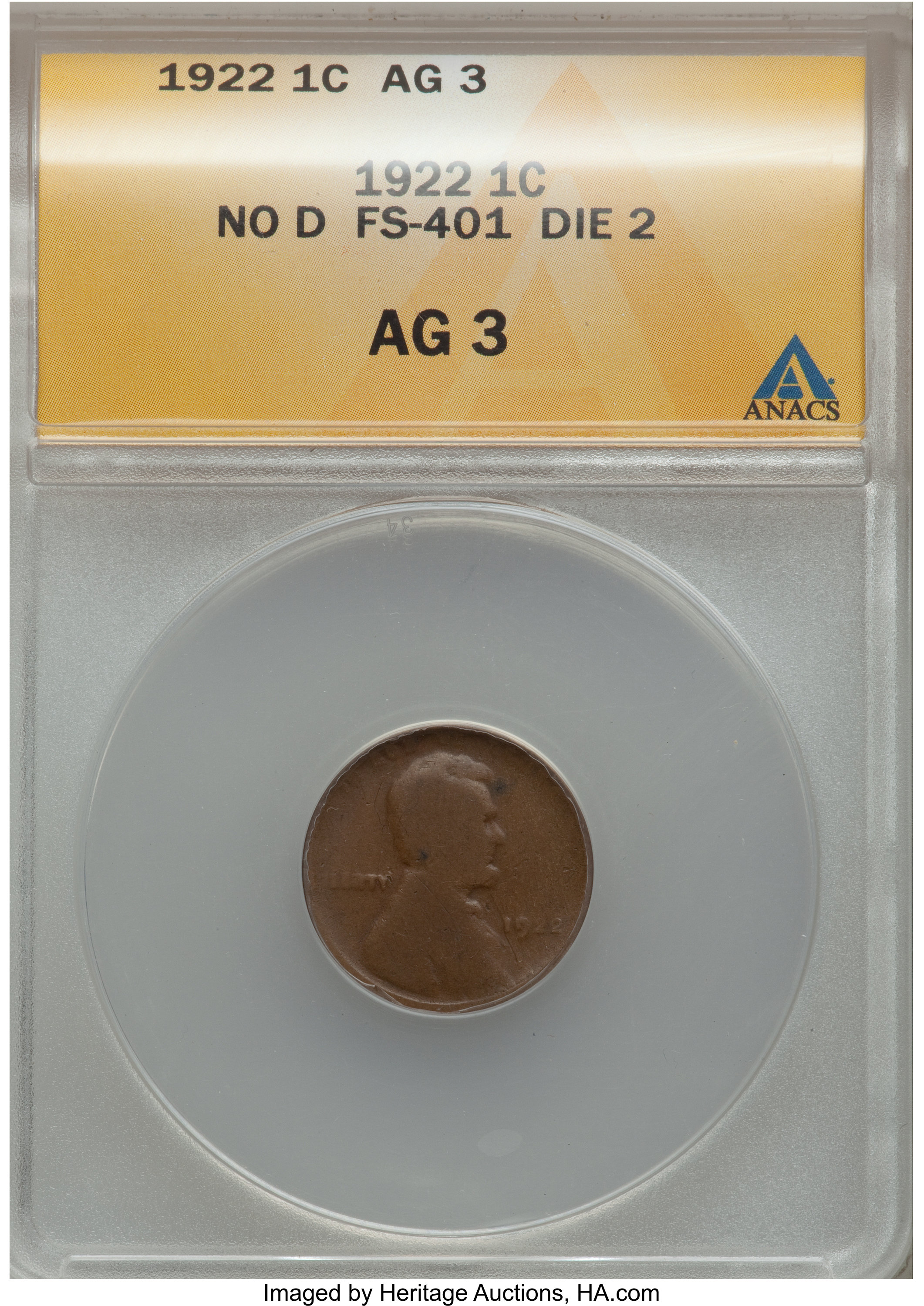1922 No D 1C Strong Reverse AG3 ANACS. FS-401. Die Pair 2. (#3285)...