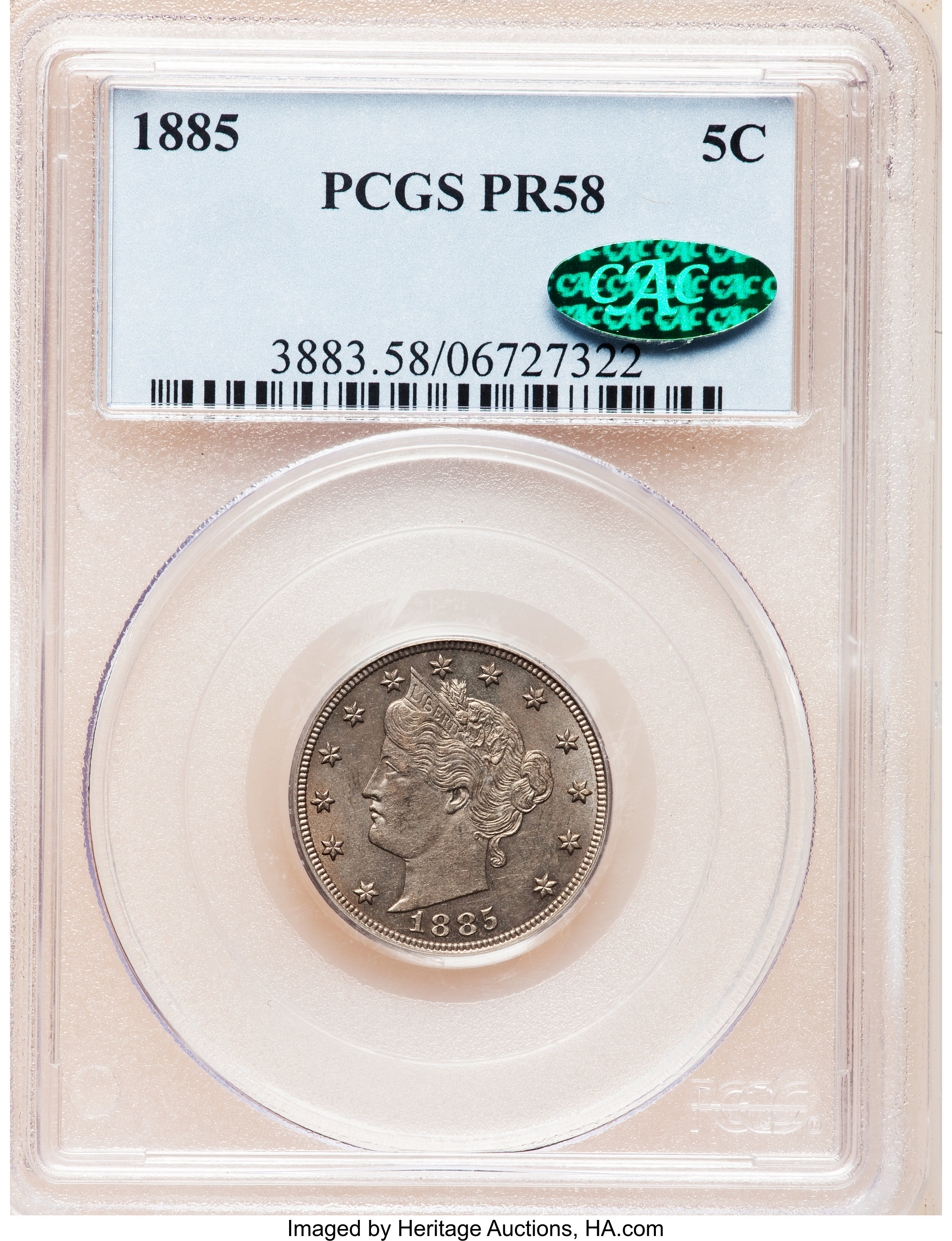 1885 5C PR58 PCGS. CAC. PCGS Population (3/843). NGC Census: (0/630). Mintage: 3,790. (#3883) From The Elbesaar Collect...