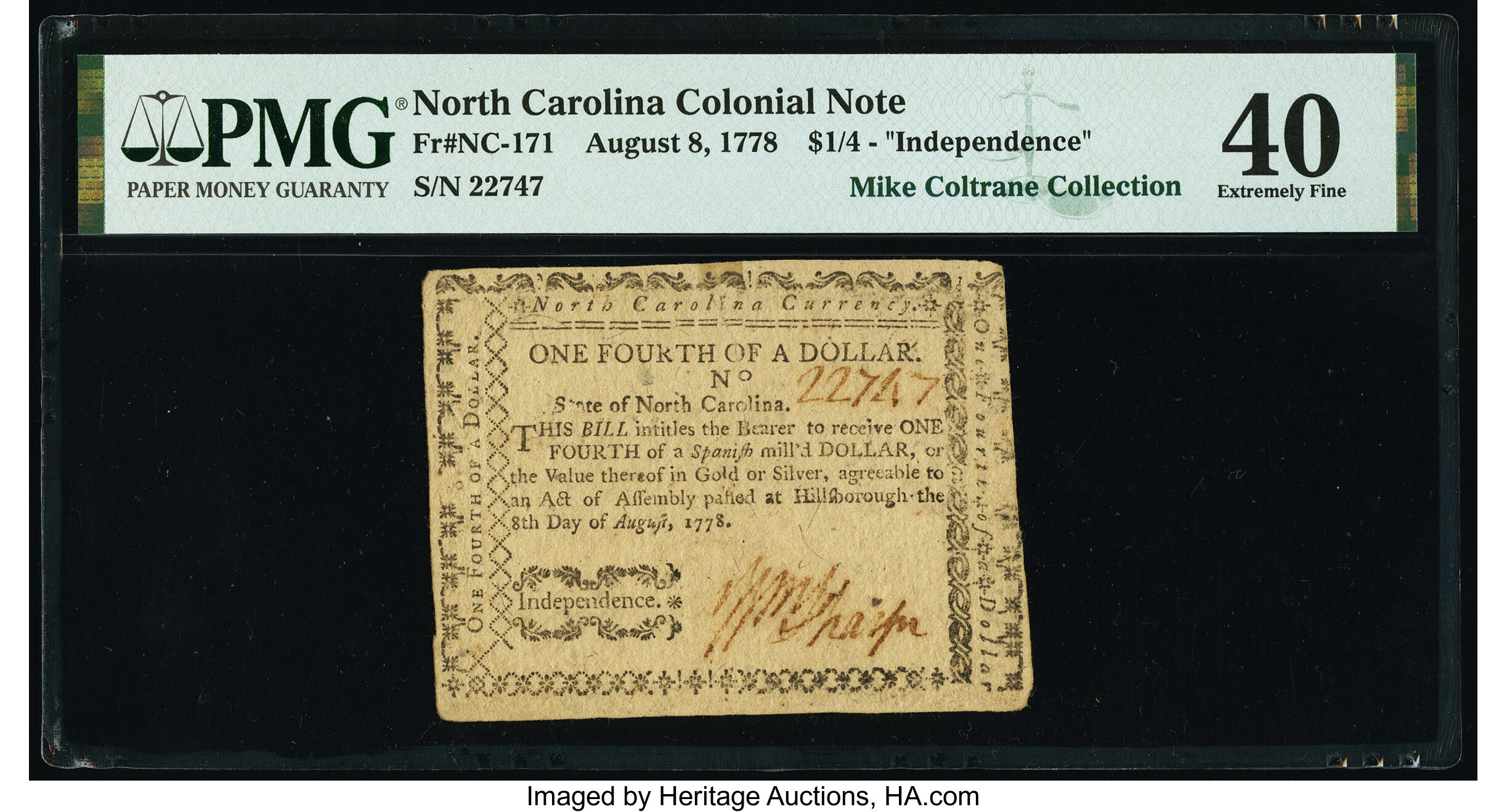 image for: North Carolina August 8, 1778 $1/4 Independence PMG Extremely Fine 40....
