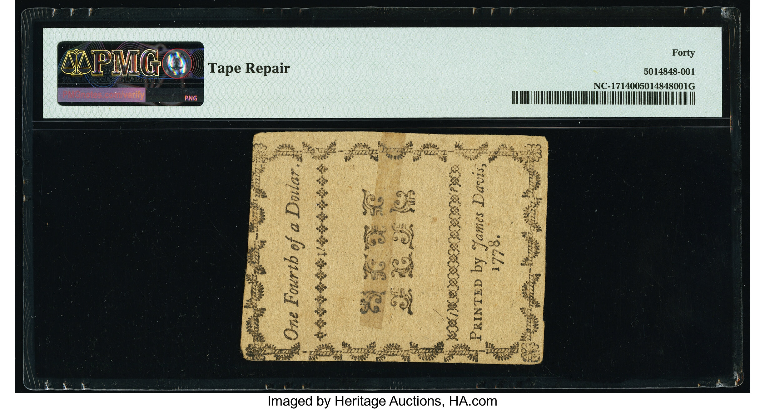 image for: North Carolina August 8, 1778 $1/4 Independence PMG Extremely Fine 40....