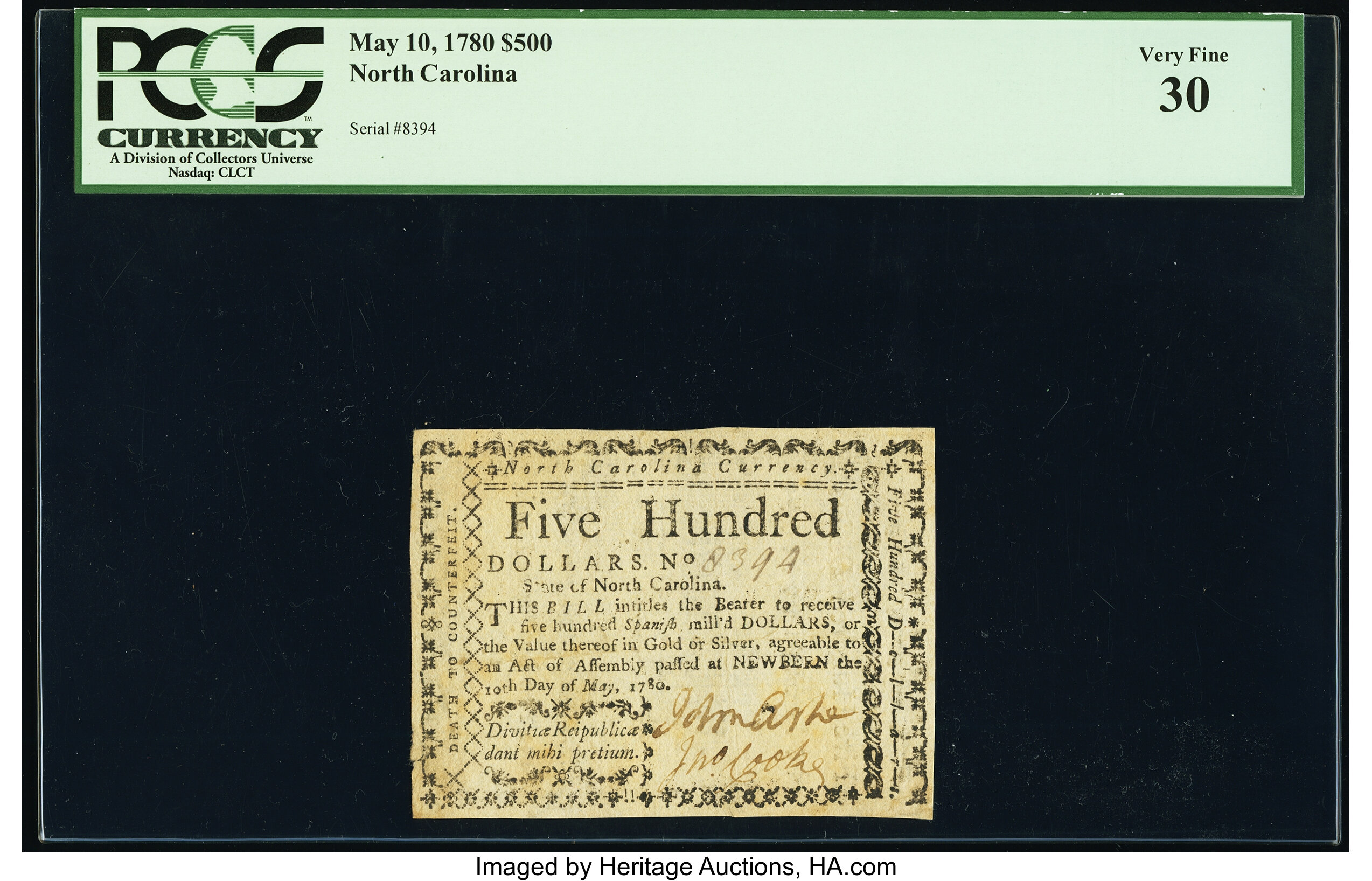 image for: North Carolina May 10, 1780 $500 Divitiae Reipublicae Dant Mihi Pretium PCGS Very Fine 30....