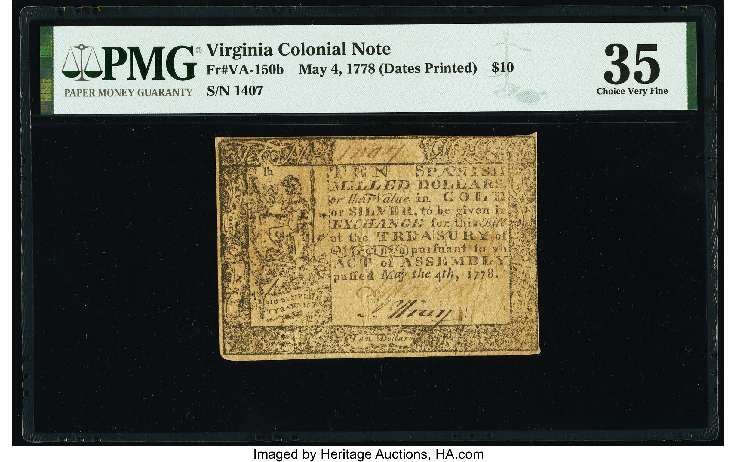 image for: Virginia May 4, 1778 (Dates Printed) $10 PMG Choice Very Fine 35....