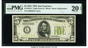 image for: Fr. 1955-L* $5 1934 Light Green Seal Federal Reserve Note. PMG Very Fine 20 EPQ....