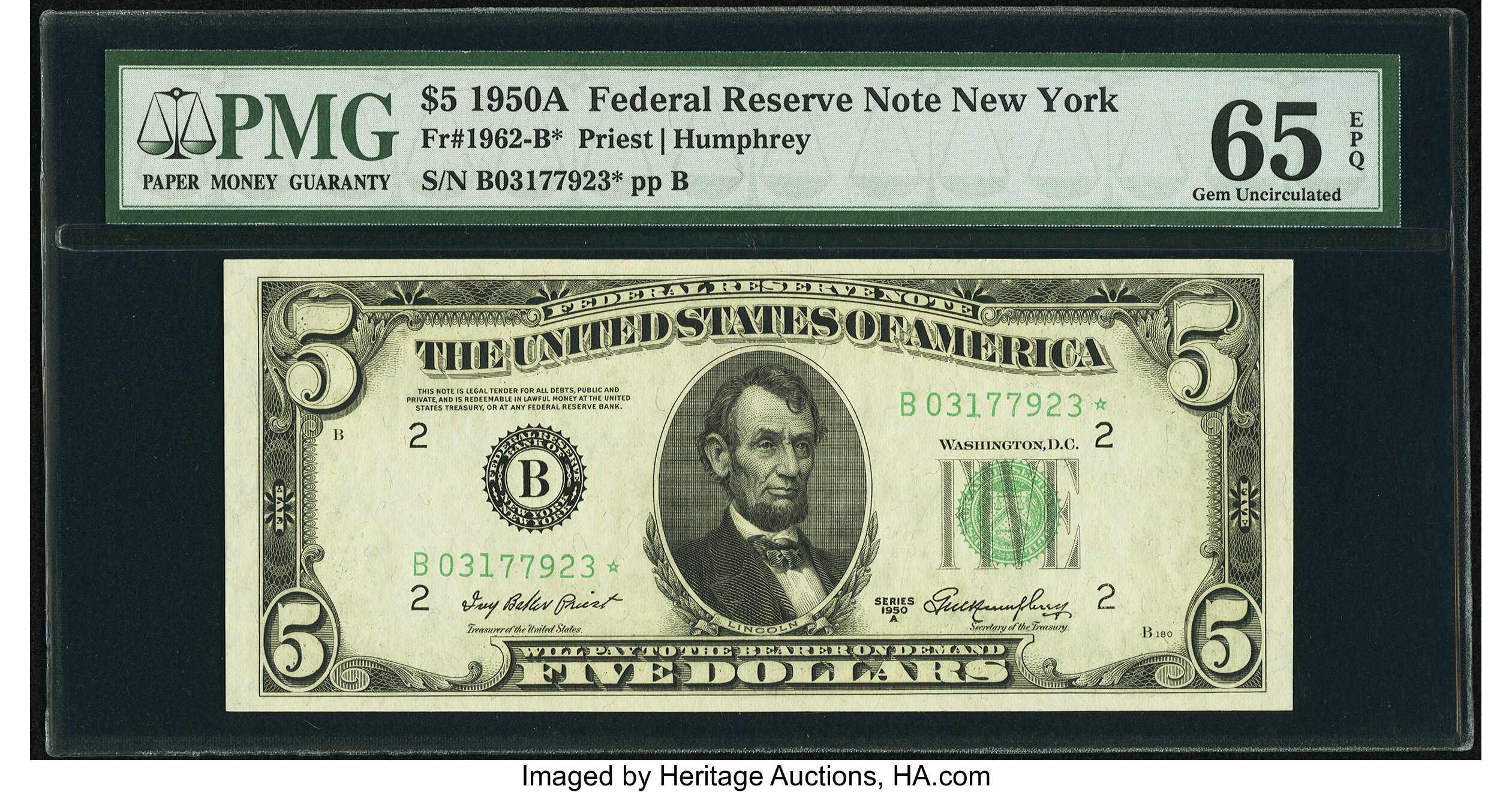image for: Fr. 1962-B* $5 1950A Federal Reserve Star Note. PMG Gem Uncirculated 65 EPQ....
