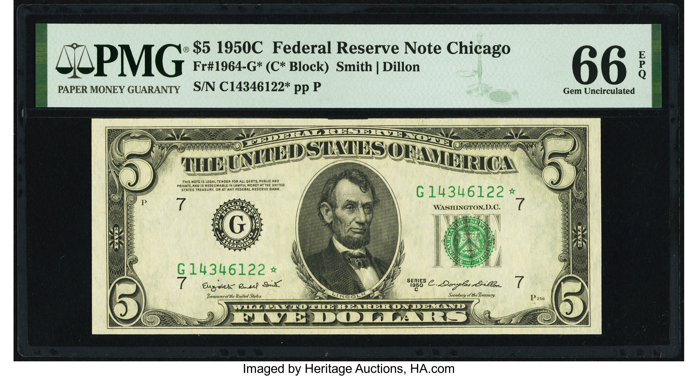 image for: Fr. 1964-G* $5 1950C Federal Reserve Star Note. PMG Gem Uncirculated 66 EPQ....