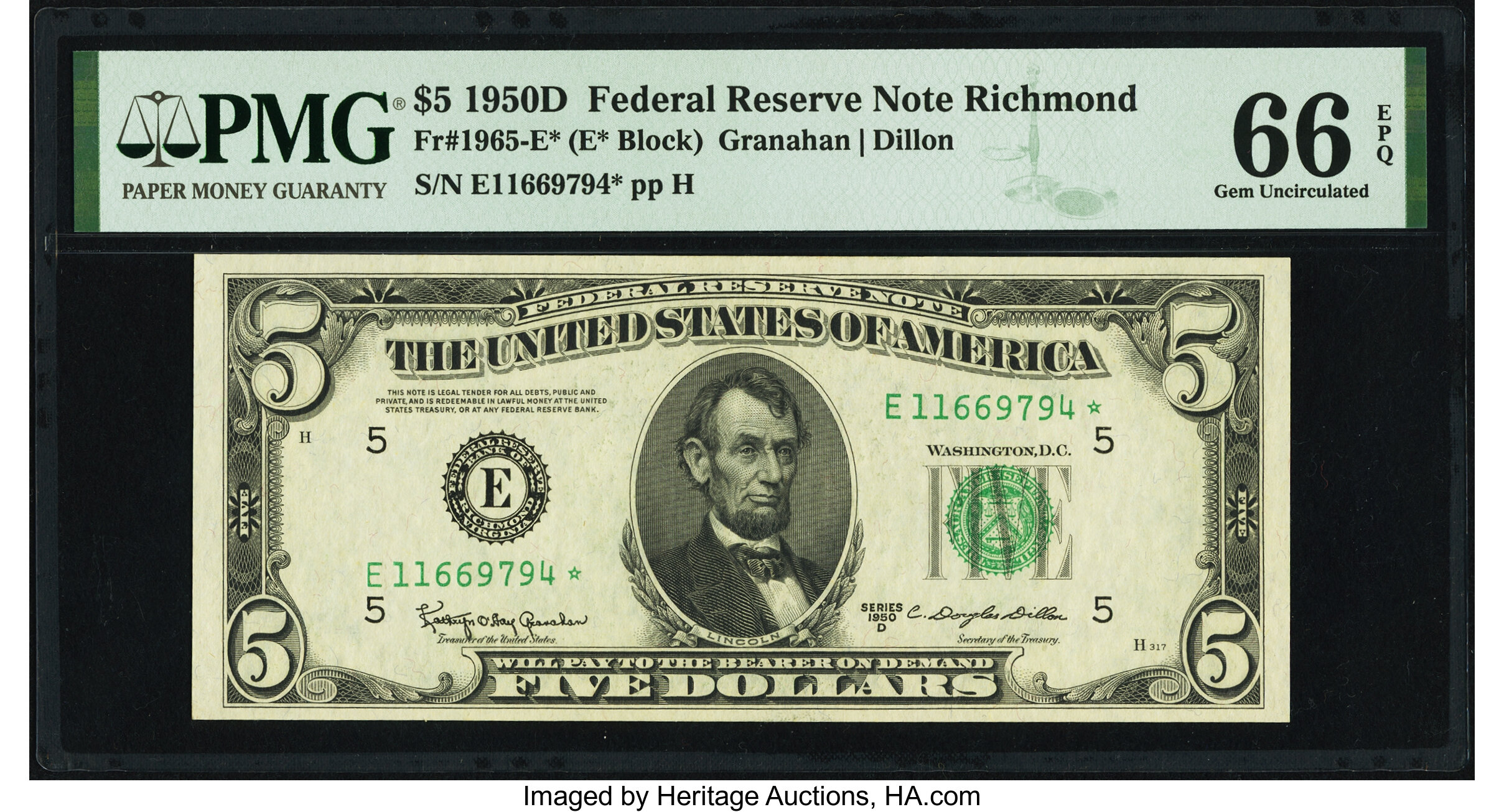 image for: Fr. 1965-E* $5 1950D Federal Reserve Star Note. PMG Gem Uncirculated 66 EPQ....