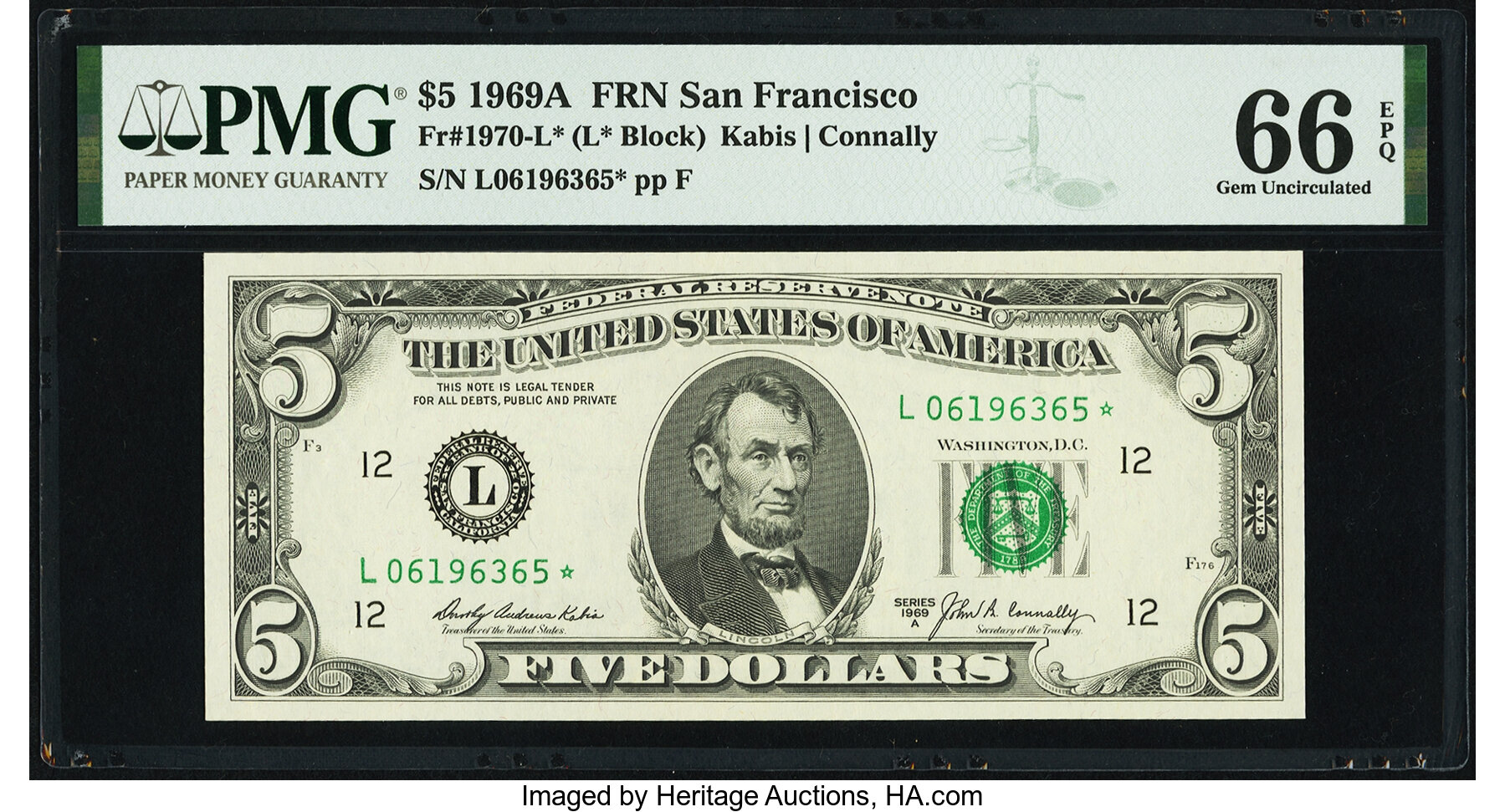 image for: Fr. 1970-L* $5 1969A Federal Reserve Star Note. PMG Gem Uncirculated 66 EPQ....