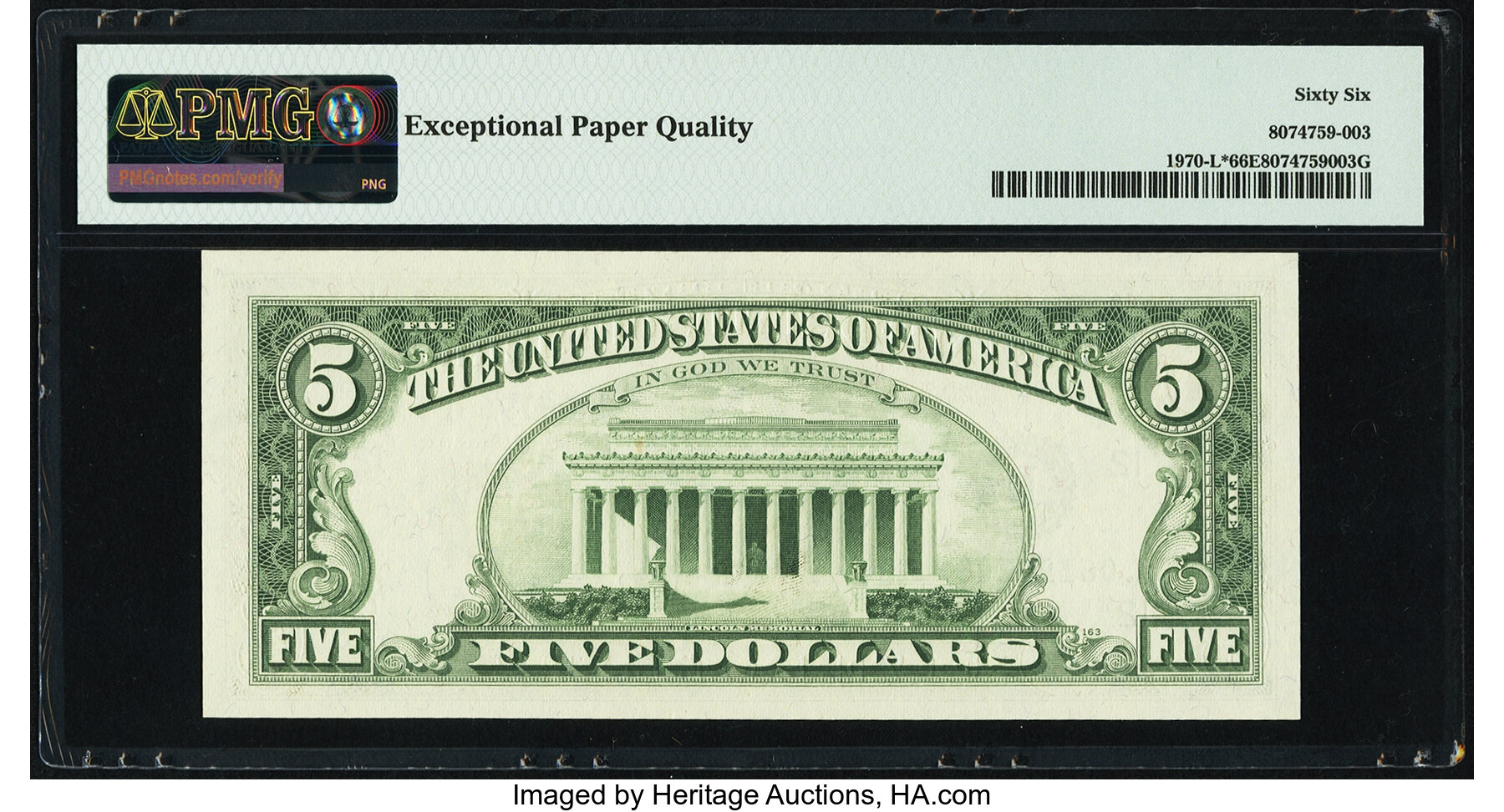image for: Fr. 1970-L* $5 1969A Federal Reserve Star Note. PMG Gem Uncirculated 66 EPQ....
