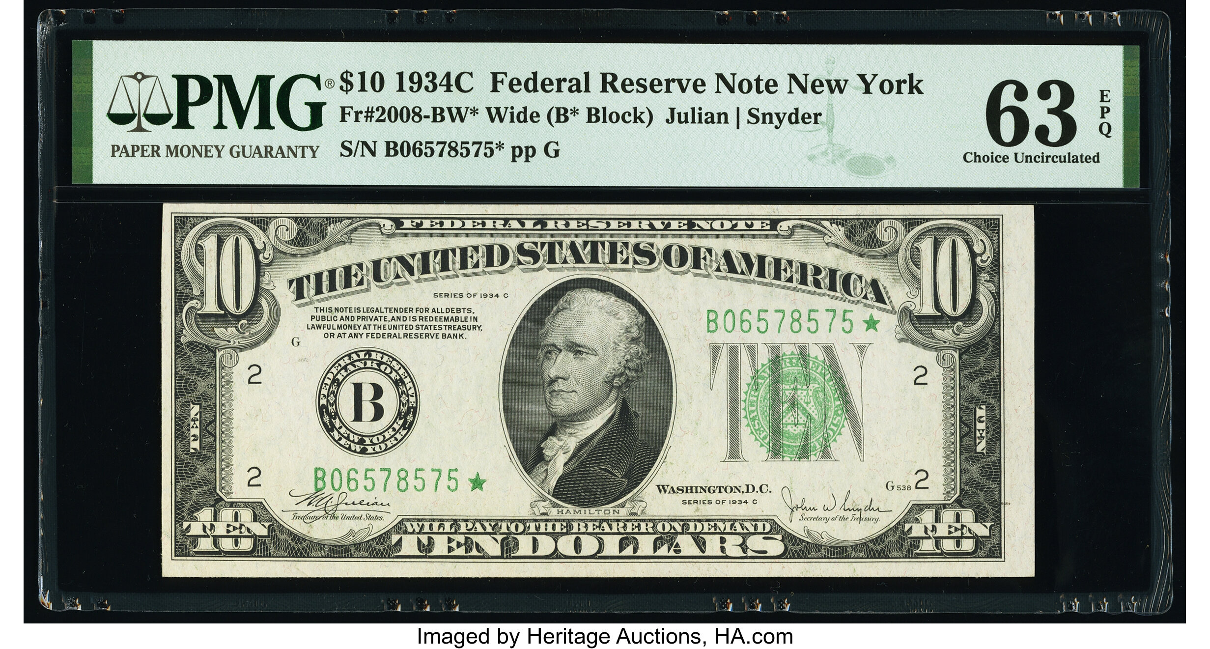 image for: Fr. 2008-B* $10 1934C Federal Reserve Note. PMG Choice Uncirculated 63 EPQ....