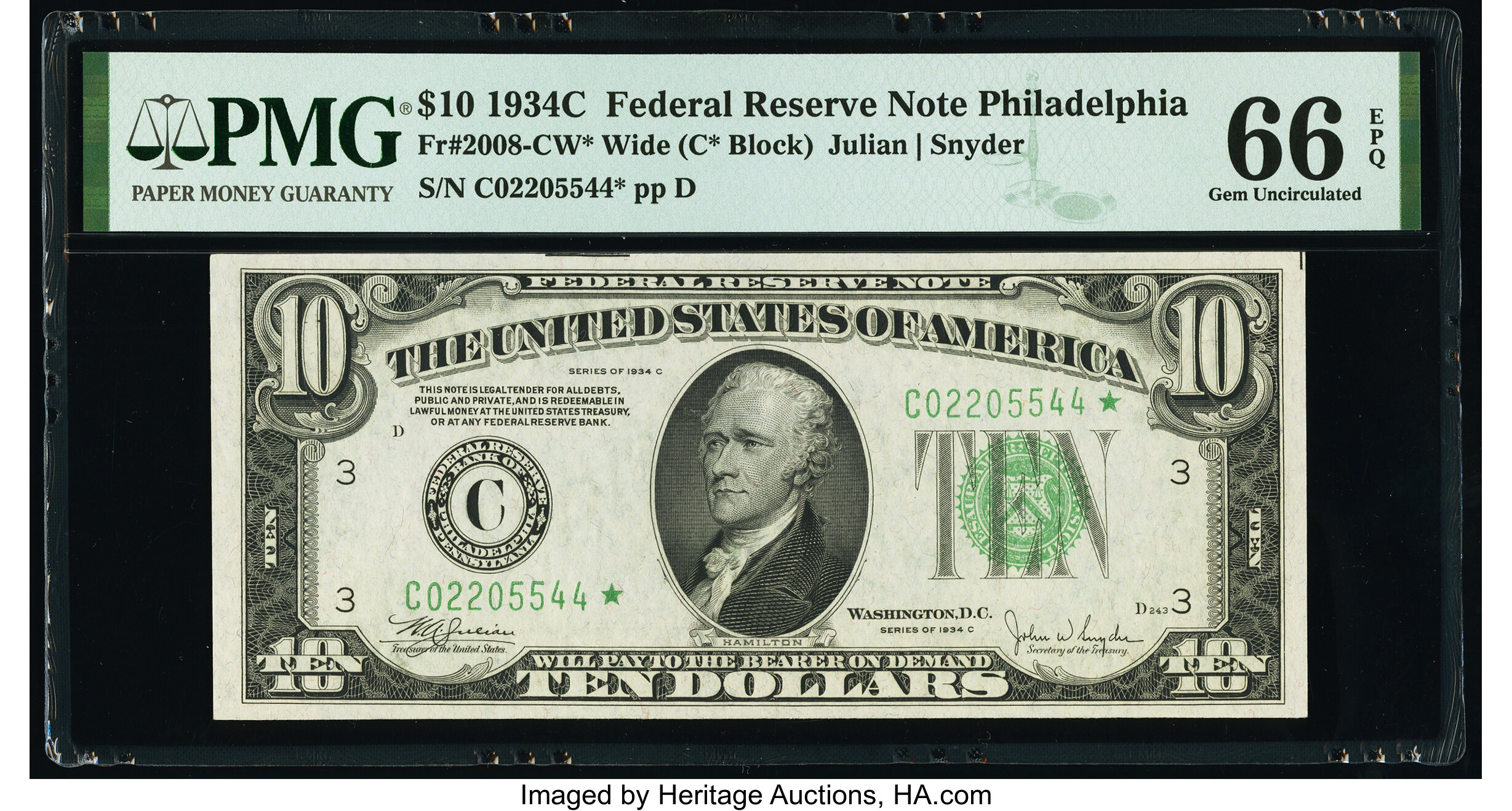 image for: Fr. 2008-C* $10 1934C Federal Reserve Note. PMG Gem Uncirculated 66 EPQ....