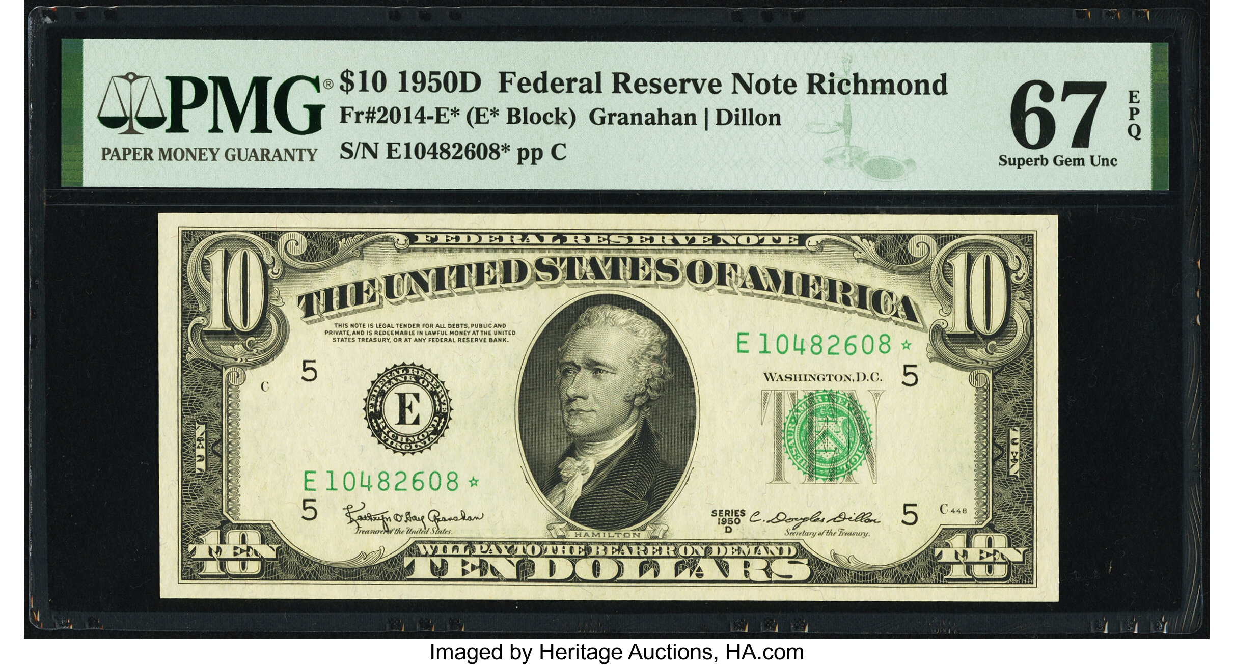 image for: Fr. 2014-E* $10 1950D Federal Reserve Star Note. PMG Superb Gem Unc 67 EPQ....