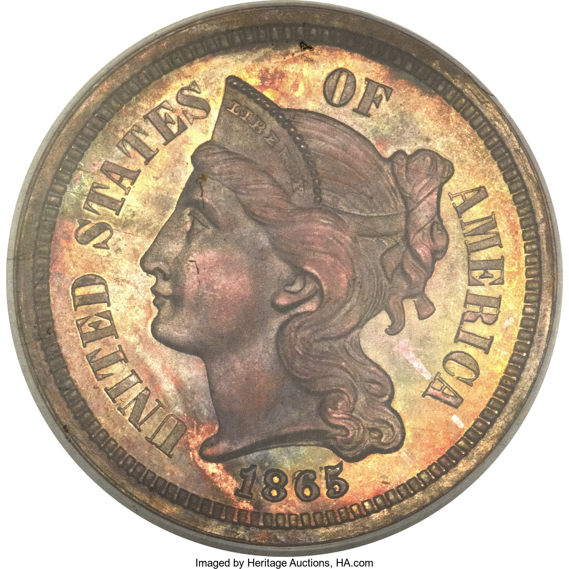 image for: 1865 3C Three Cent Nickel, Judd-413, Pollock-484, R.5, PR66 Brown PCGS....