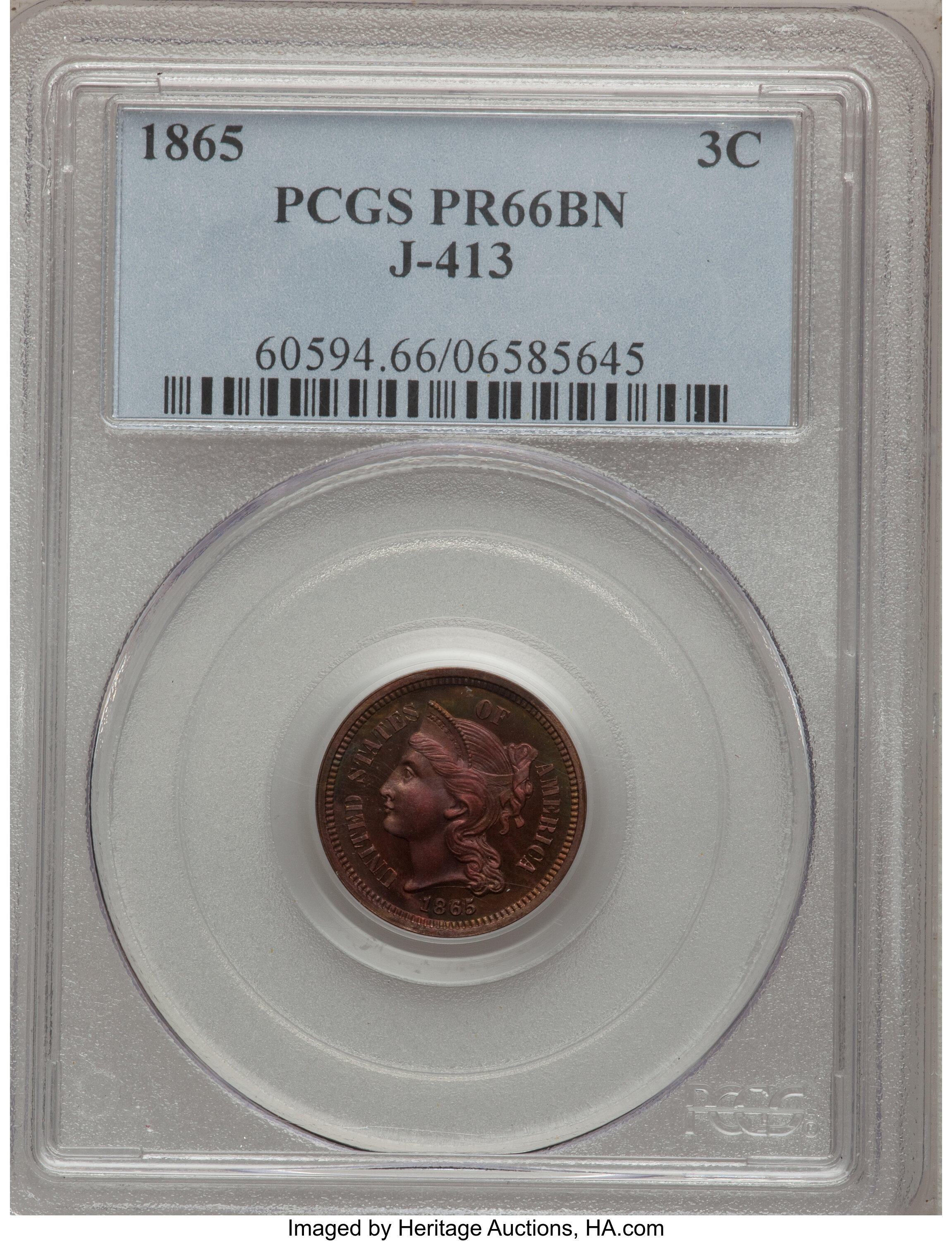 image for: 1865 3C Three Cent Nickel, Judd-413, Pollock-484, R.5, PR66 Brown PCGS....