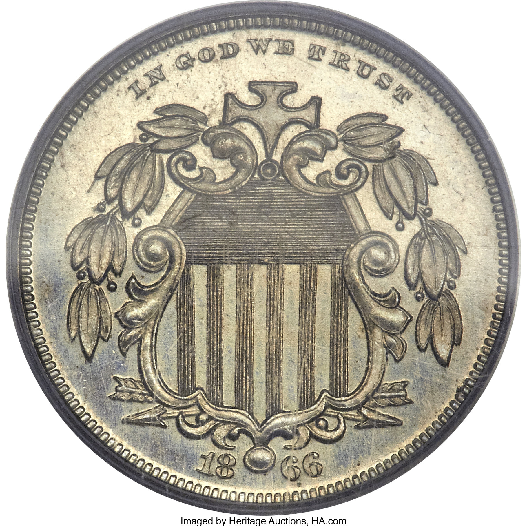 image for: 1866 5C Shield Five Cents, Judd-497, Pollock-583, High R.7, PR64 PCGS....