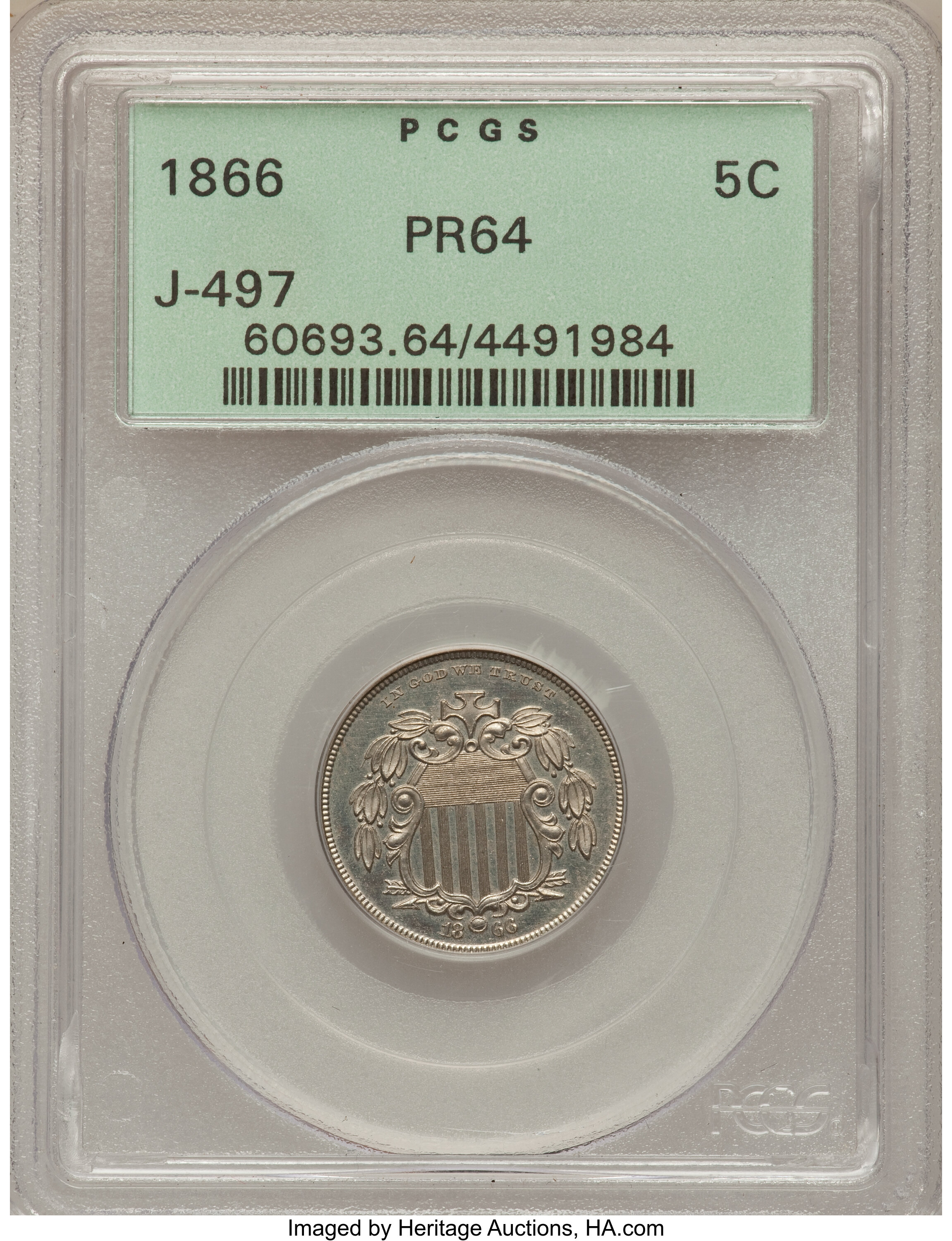 image for: 1866 5C Shield Five Cents, Judd-497, Pollock-583, High R.7, PR64 PCGS....