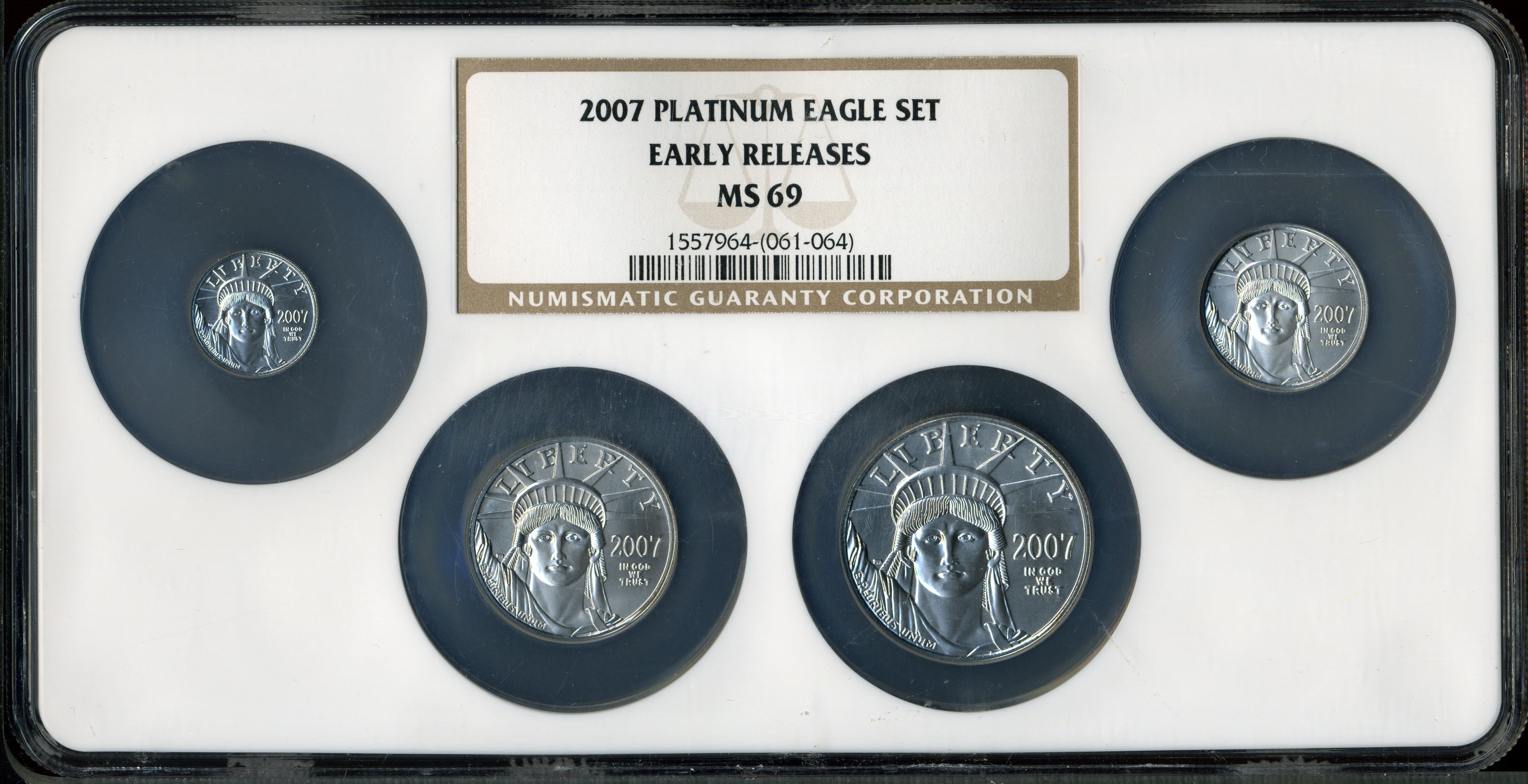 image for: 2007 SET Four Statue Of Liberty Early Releases MS69 NGC. This set includes: 2007 $100 Platinu... (Total: 4 coins)
