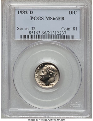 image for: 1982-D 10C MS66 Full Bands PCGS. PCGS Population (19/3). NGC Census: (0/0). Mintage: 542,713,600. (#85163)...