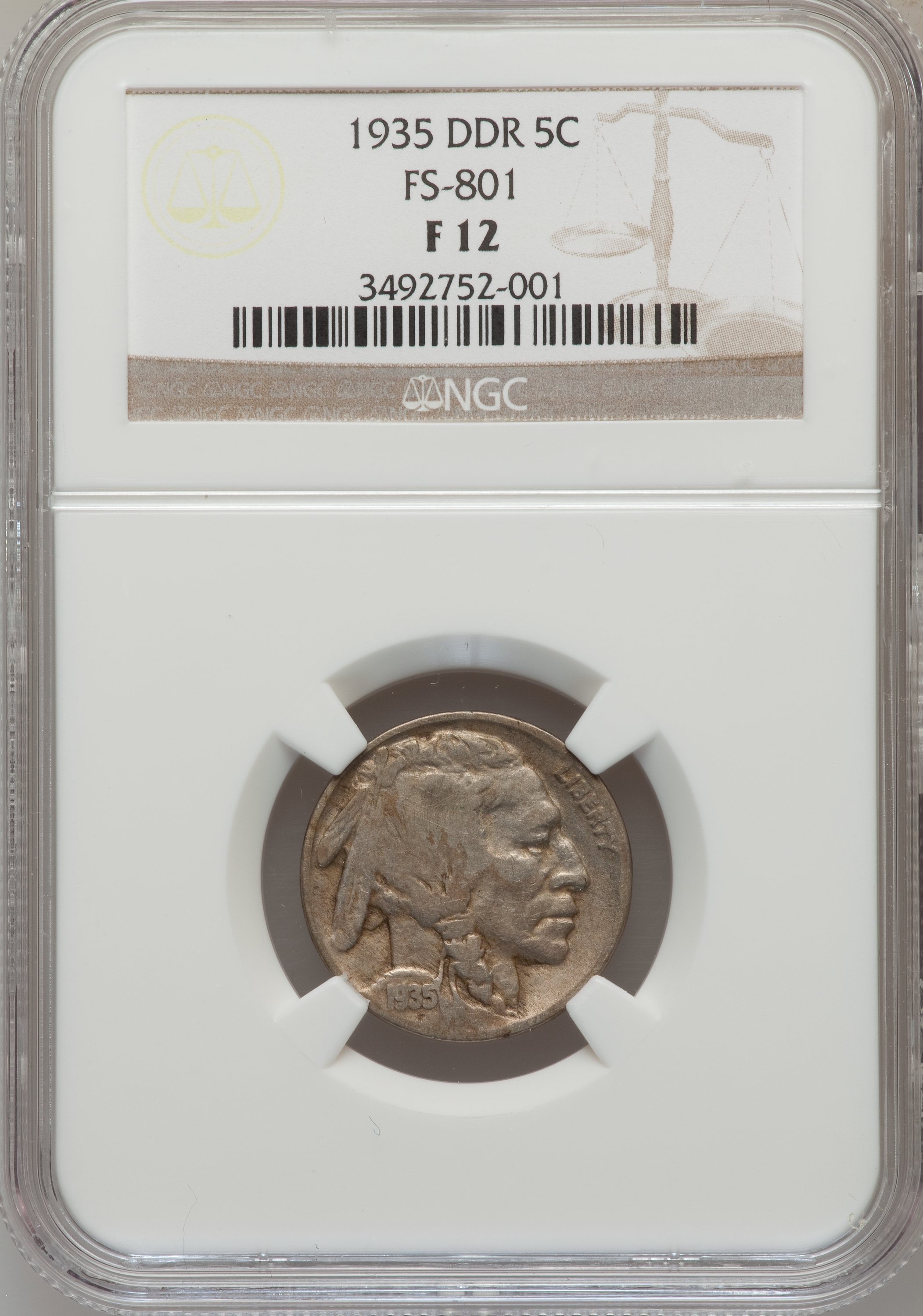 1935 5C Double Die Reverse Fine 12 NGC. FS-801. NGC Census: (14/1411). PCGS Population (11/2569). Mintage: 58,264,000. Numi...