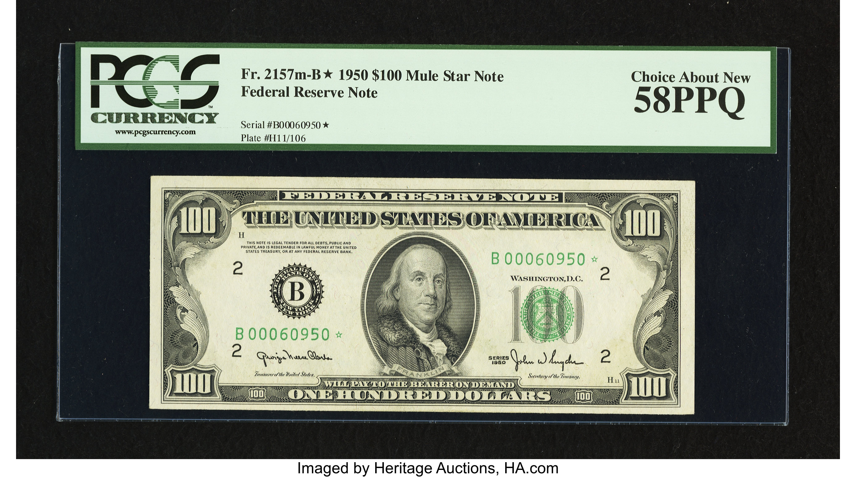 image for: Fr. 2157-B* $100 1950 Mule Federal Reserve Star Note. PCGS Choice About New 58PPQ....