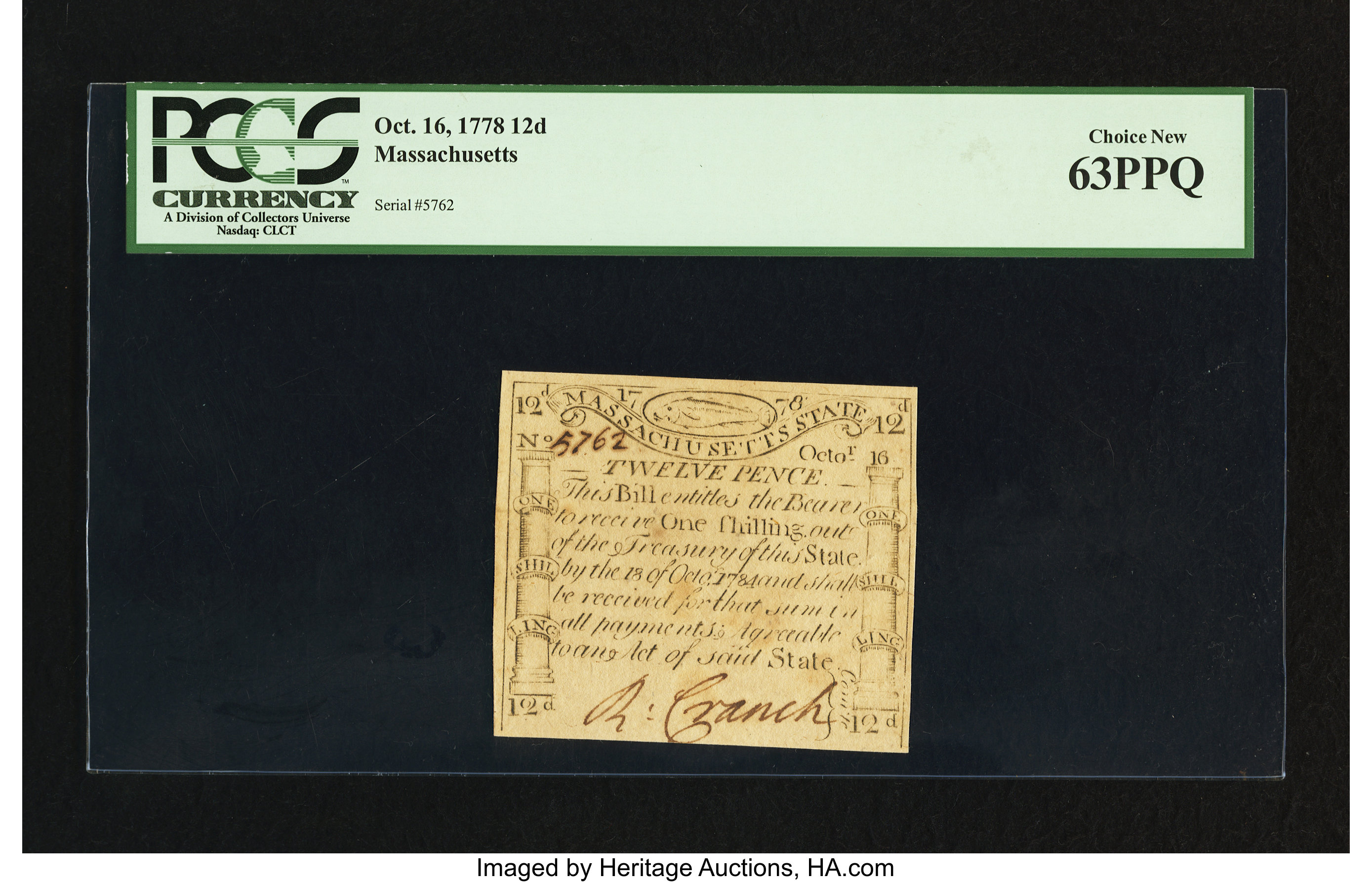 image for: Massachusetts October 16, 1778 12d PCGS Choice New 63PPQ....