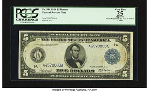 image for: Fr. 844 $5 1914 Federal Reserve Note PCGS Apparent Very Fine 25....
