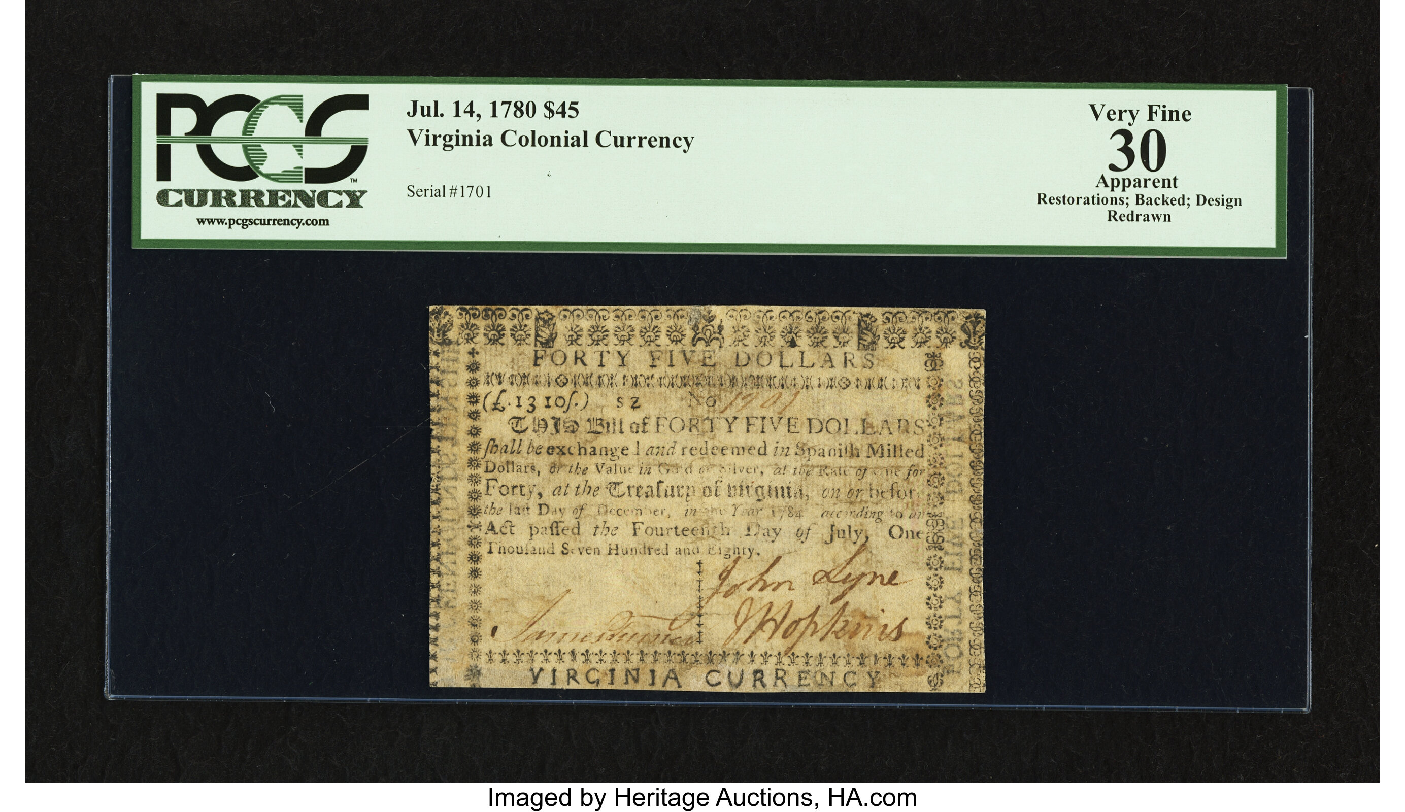 image for: Virginia July 14, 1780 $45 PCGS Apparent Very Fine 30....