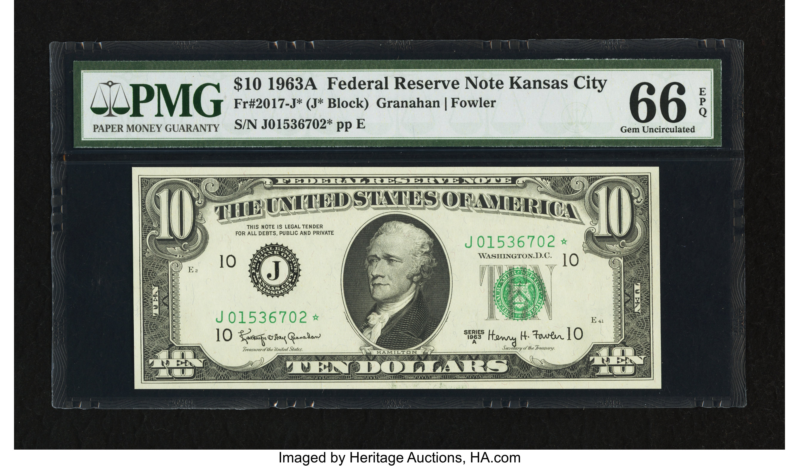 image for: Fr. 2017-J* $10 1963A Federal Reserve Star Note. PMG Gem Uncirculated 66 EPQ....