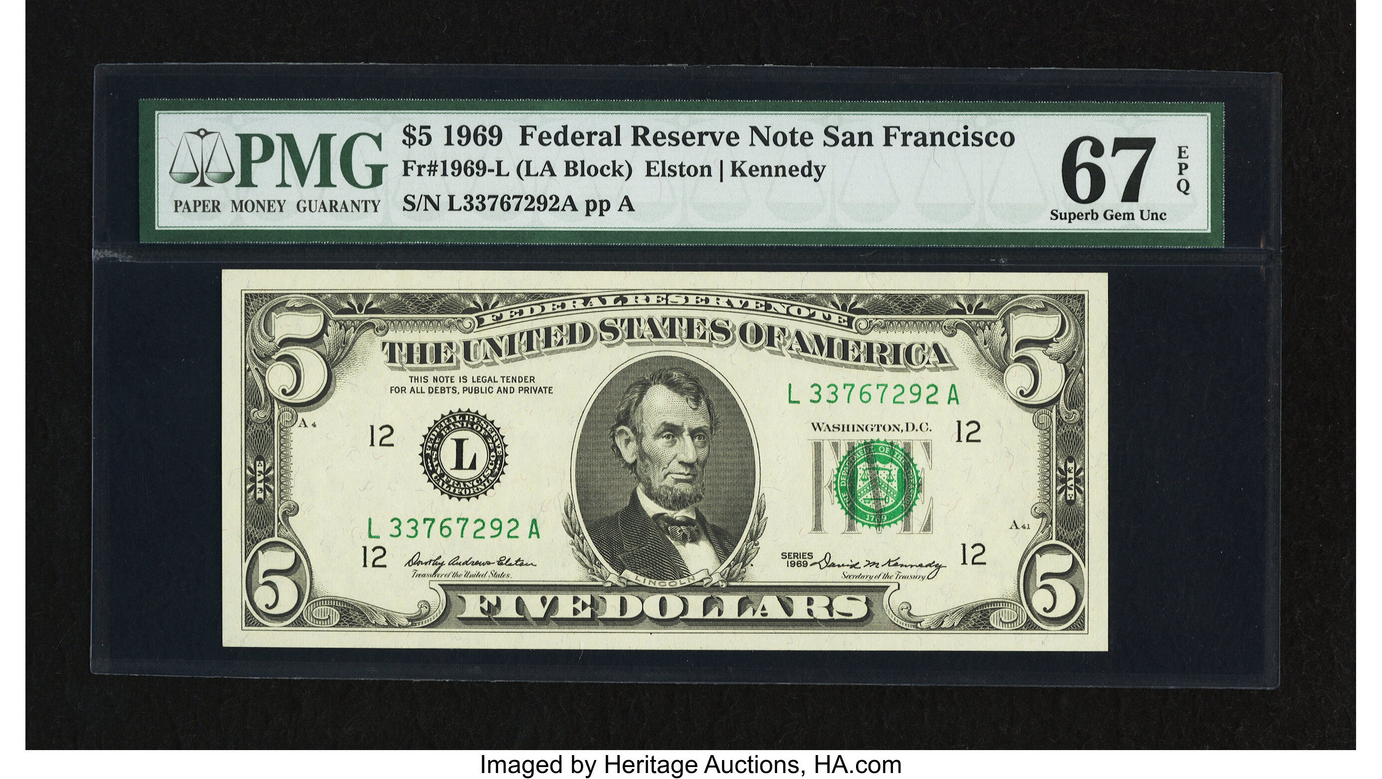 image for: Fr. 1969-L $5 1969 Federal Reserve Note. PMG Superb Gem Unc 67 EPQ....