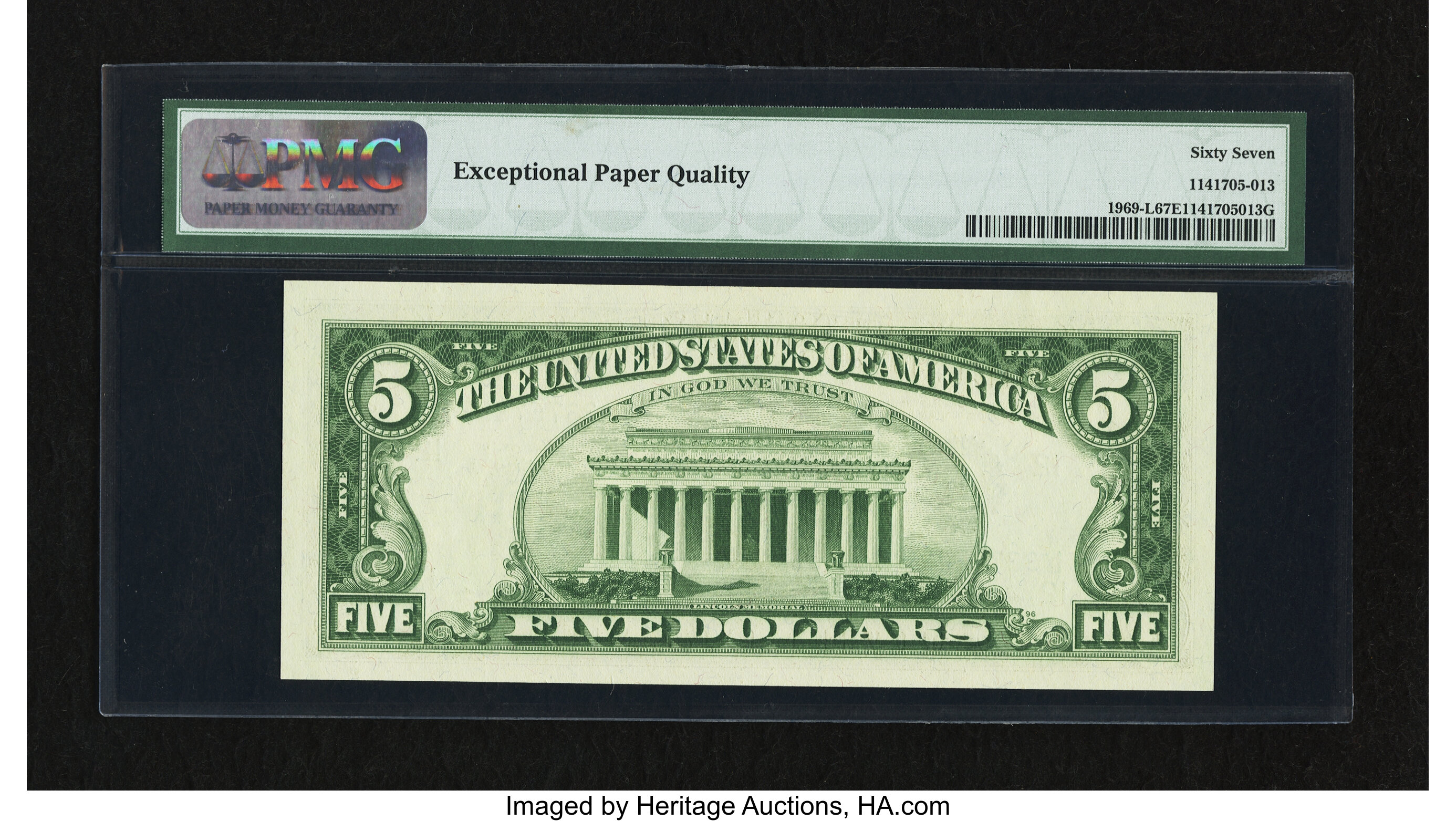 image for: Fr. 1969-L $5 1969 Federal Reserve Note. PMG Superb Gem Unc 67 EPQ....
