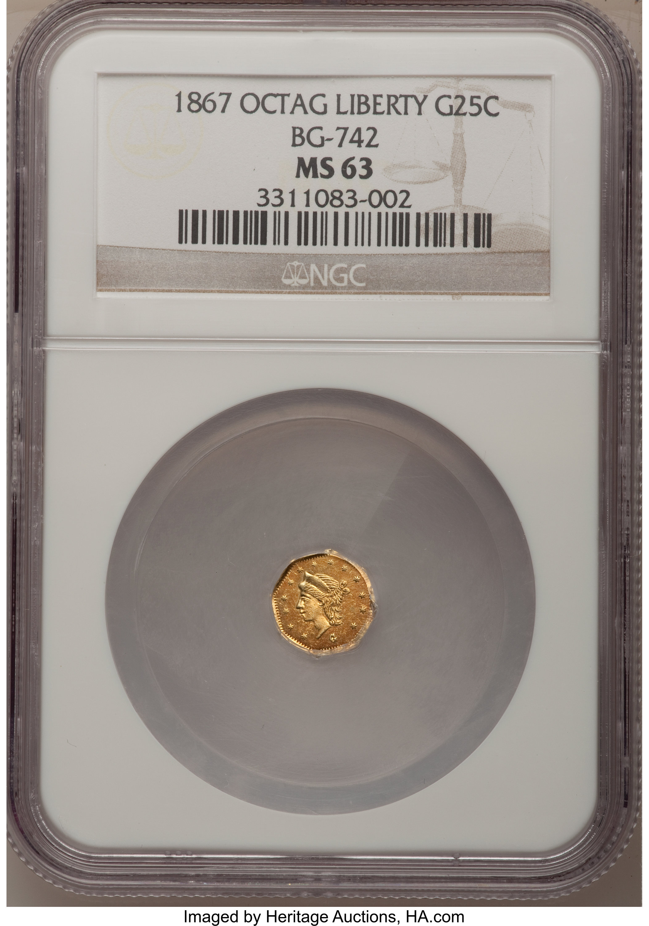 image for: 1867 25C Liberty Octagonal 25 Cents, BG-742, Low R.7, MS63 NGC....