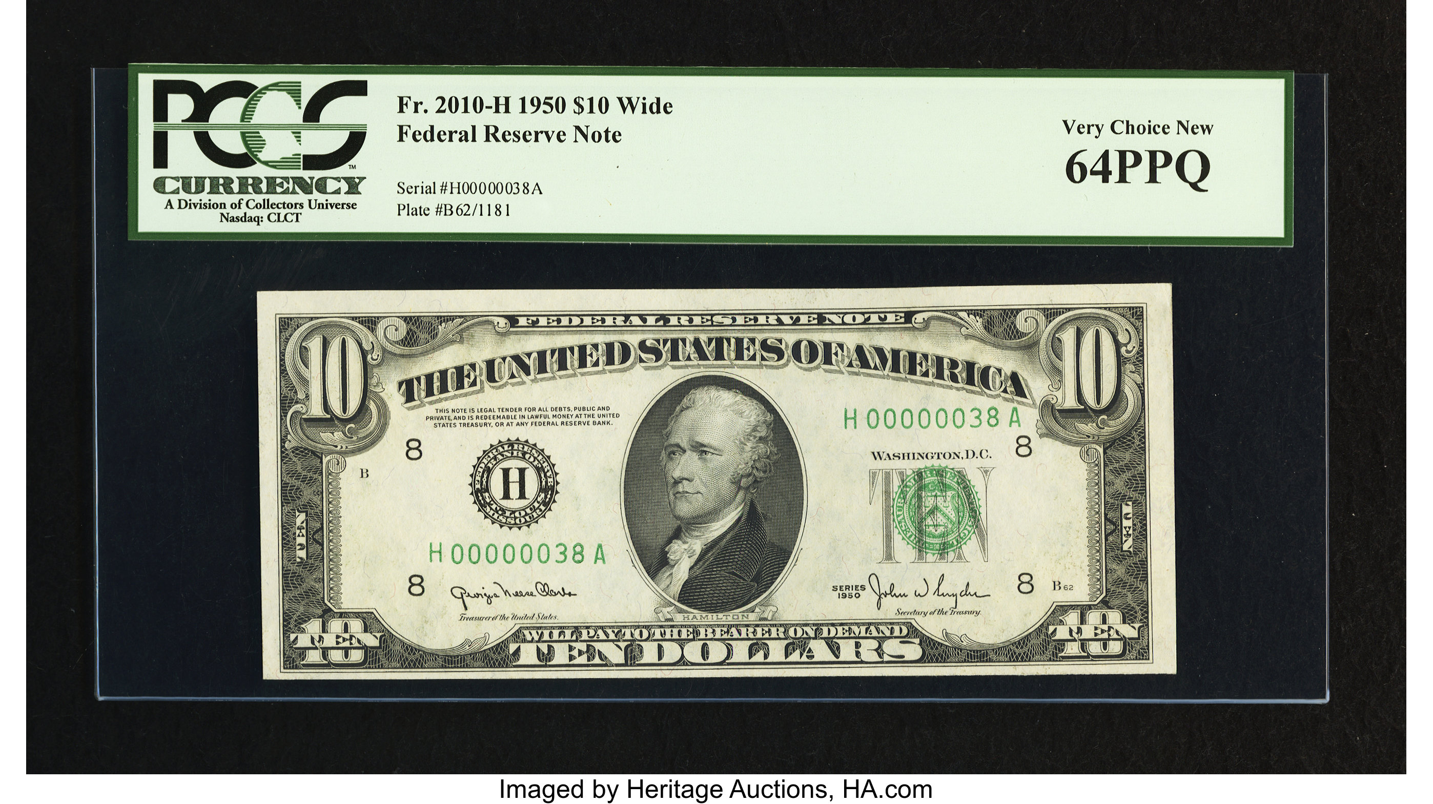image for: Low Serial Number Fr. 2010-H $10 1950 Wide Federal Reserve Note. PCGS Very Choice New 64PPQ....