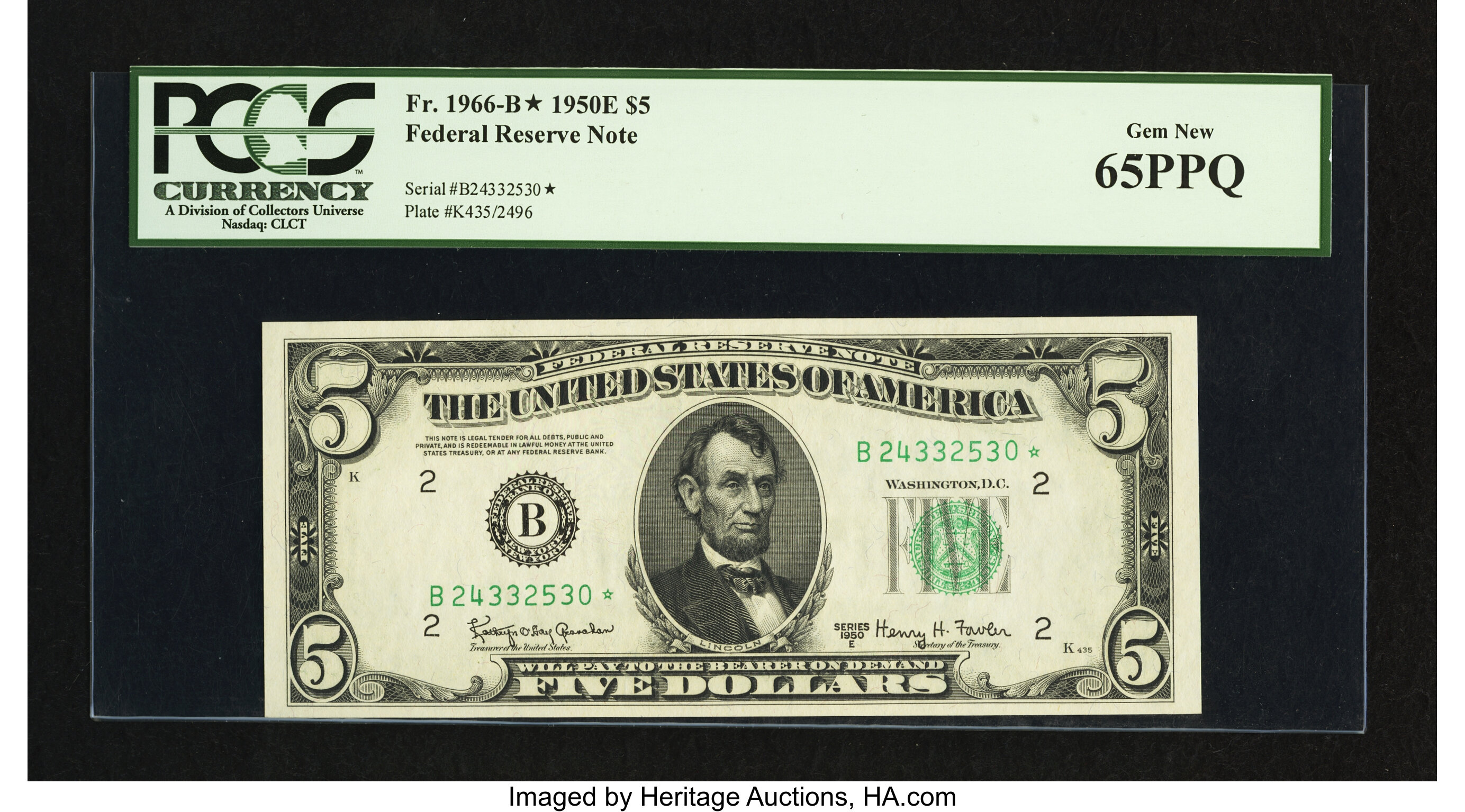 image for: Fr. 1966-B* $5 1950E Federal Reserve Note. PCGS Gem New 65PPQ....