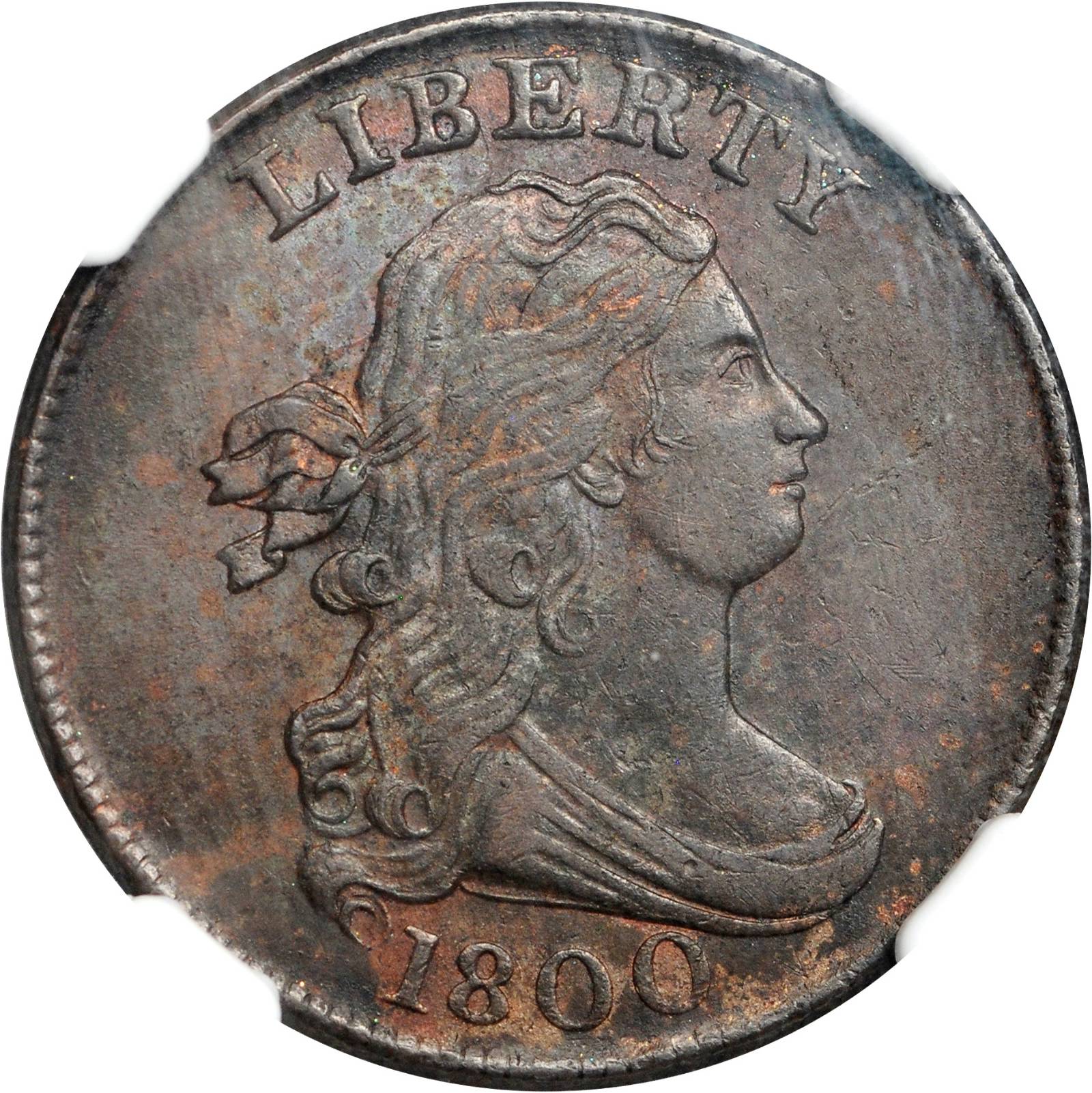 1800 Draped Bust Half Cent. C-1, B-1b, the only known dies. Rartiy-1. Manley Die State 4.0. MS-61 BN (NGC).