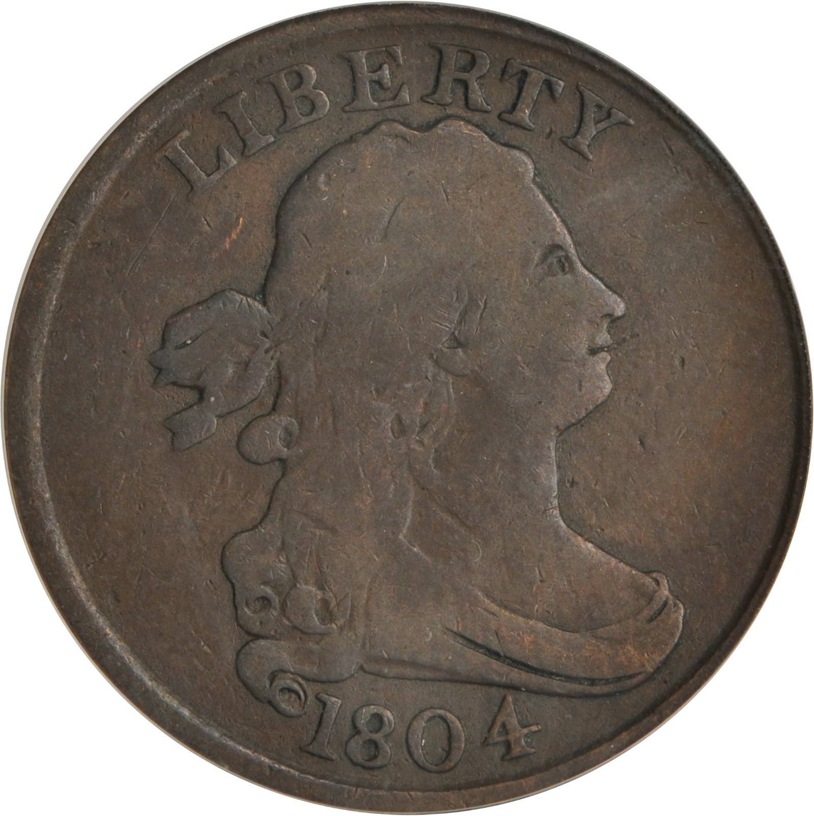 1804 Draped Bust Half Cent. C-11, B-12. Rarity-3+. Manley Die State 2.0. Plain 4, Stems to Wreath. Fine-12 (PCGS).
