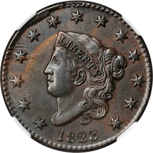image for: 1823 Matron Head Cent. N-2. Rarity-2. Noyes Die State C. AU-50 BN (NGC).