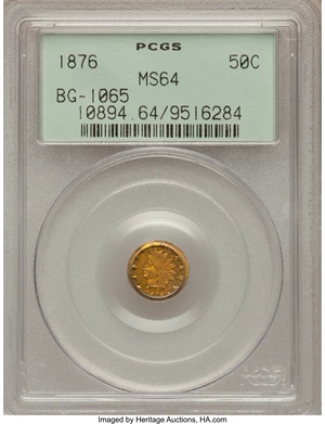 image for: 1876 50C Indian Round 50 Cents, BG-1065, R.5, MS64 PCGS. PCGS Population (9/4). NGC Census: (1/0). (#10894)...