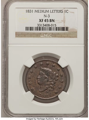 image for: 1831 1C N-3 Medium Letters XF45 NGC. NGC Census: (0/0). PCGS Population (0/0). (#36997)...