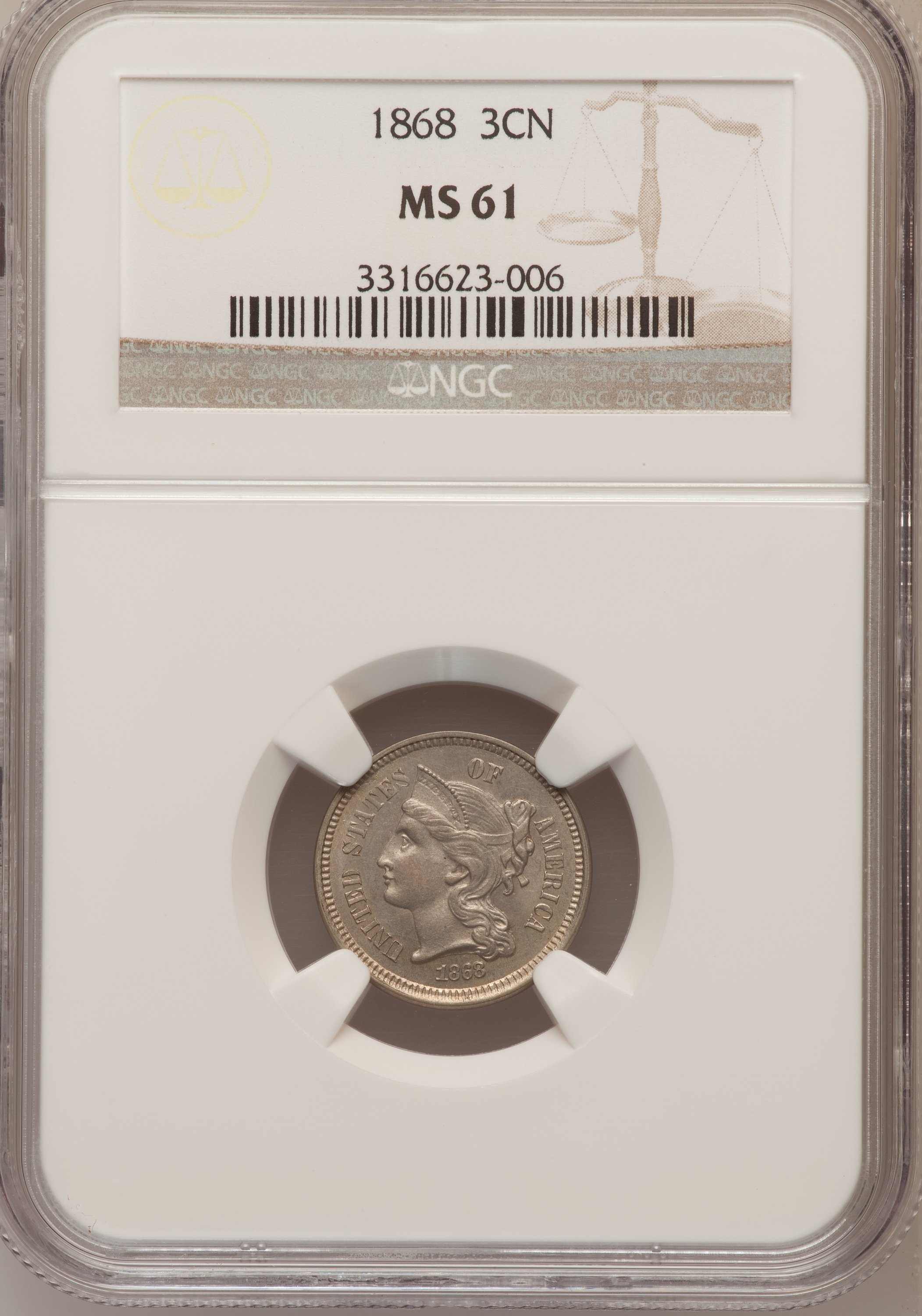 1868 3CN MS61 NGC. NGC Census: (16/361). PCGS Population (13/404). Mintage: 3,252,000. Numismedia Wsl. Price for problem fr...