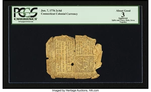 image for: Uncancelled Connecticut June 7, 1776 2s 6d PCGS Apparent About Good 03....
