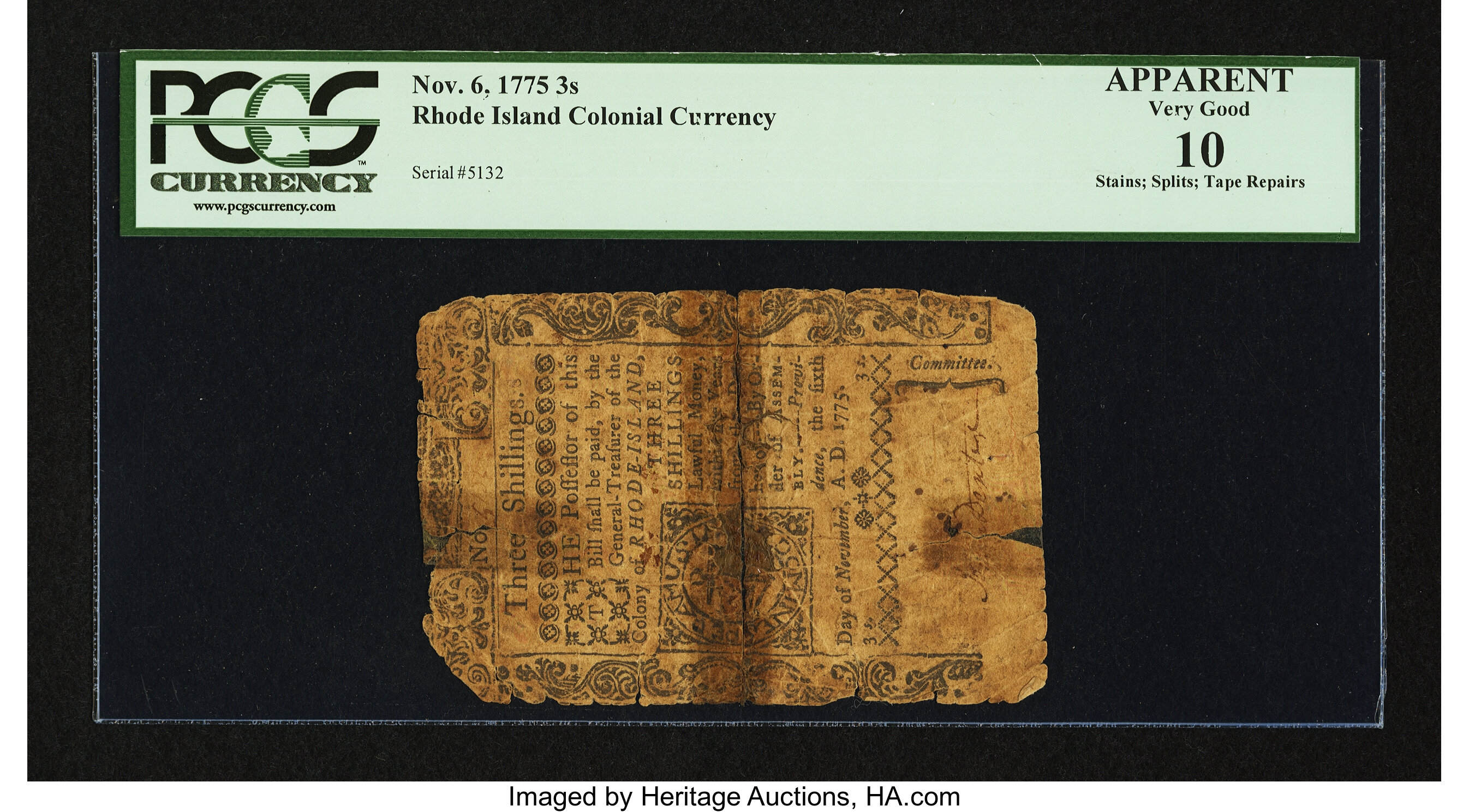 image for: Rhode Island November 6, 1775 3s PCGS Apparent Very Good 10....