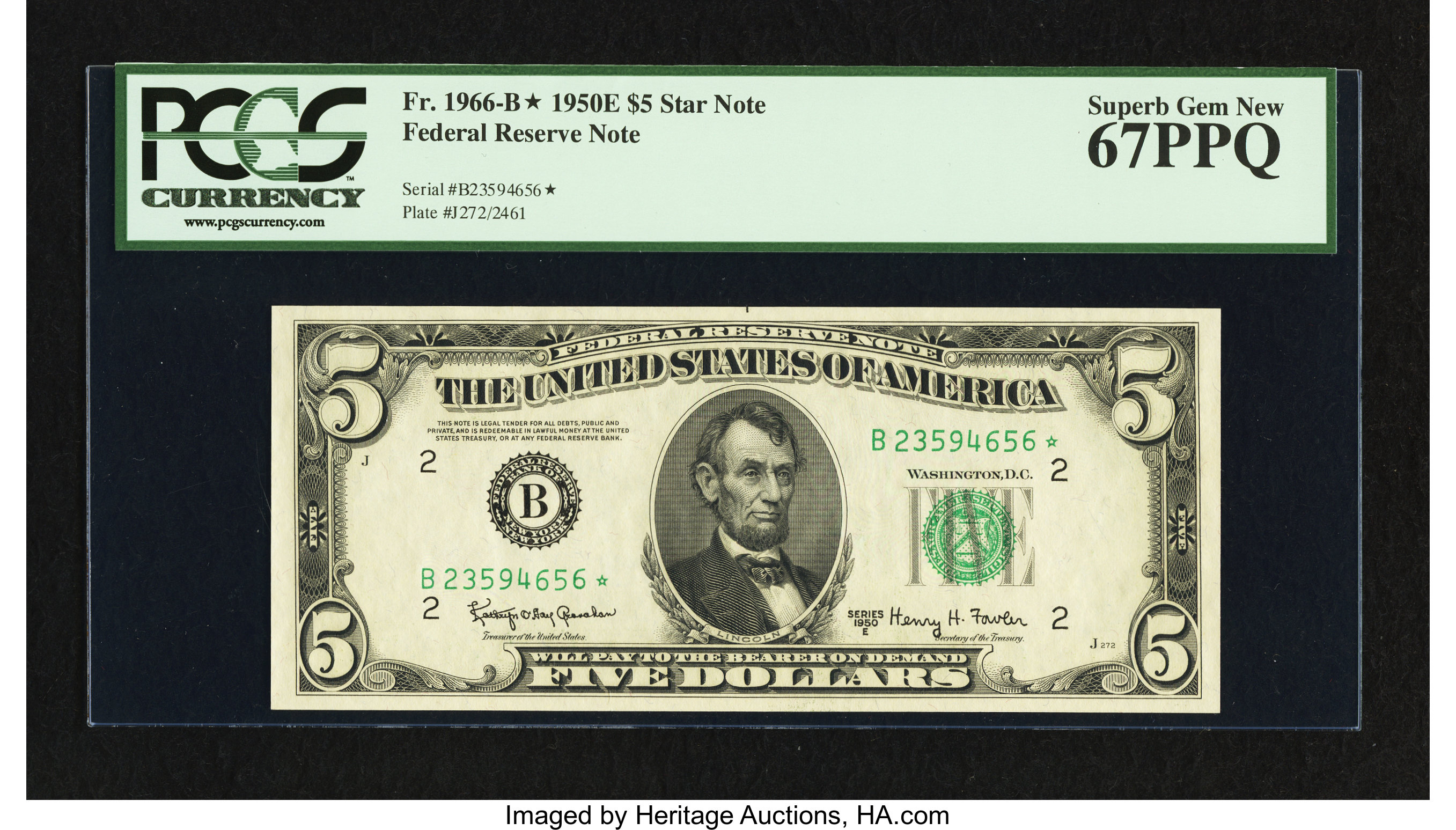 image for: Fr. 1966-B* $5 1950E Federal Reserve Note. PCGS Superb Gem New 67PPQ....