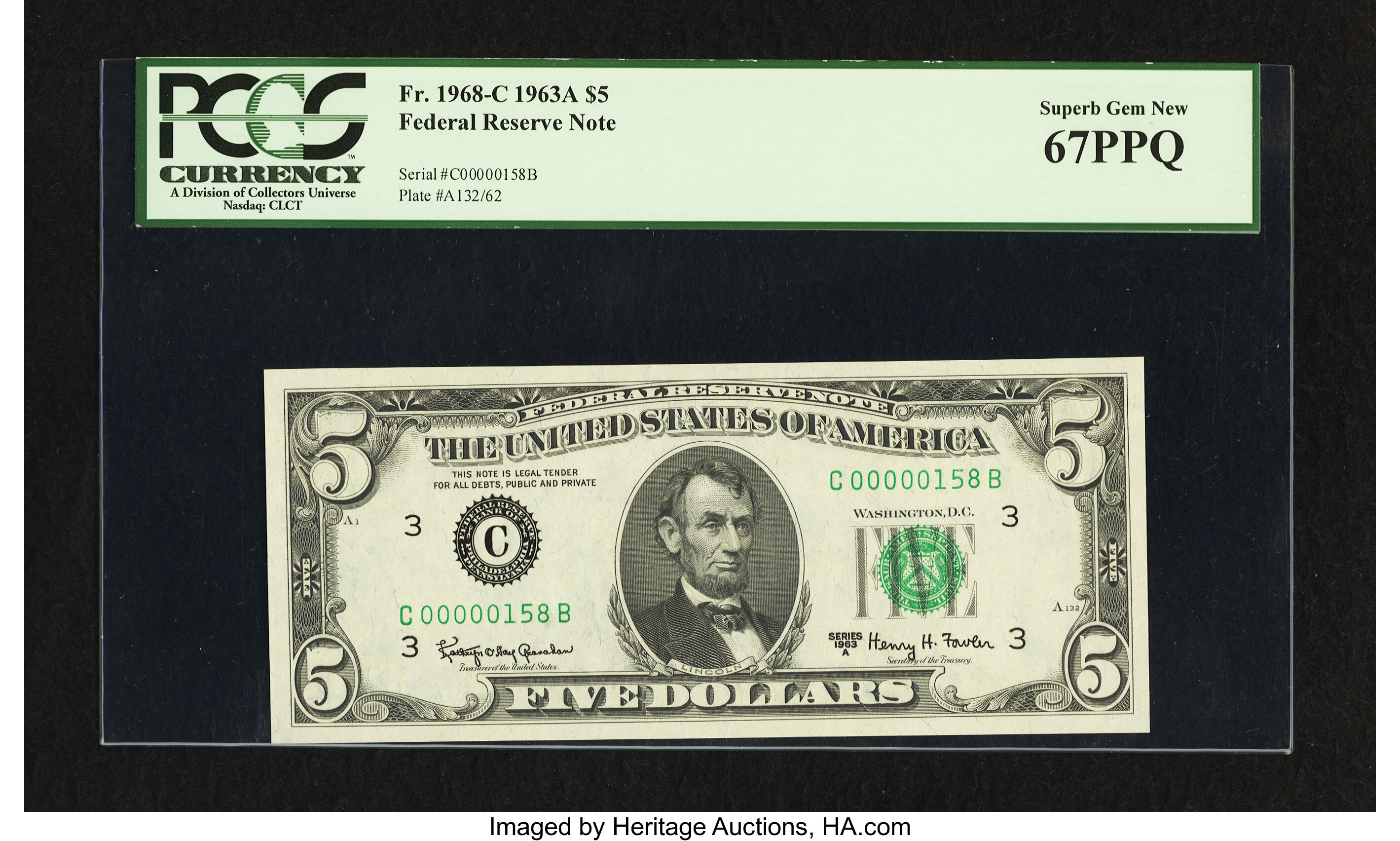 image for: Low Serial Number Fr. 1968-C $5 1963A Federal Reserve Note. PCGS Superb Gem New 67PPQ....