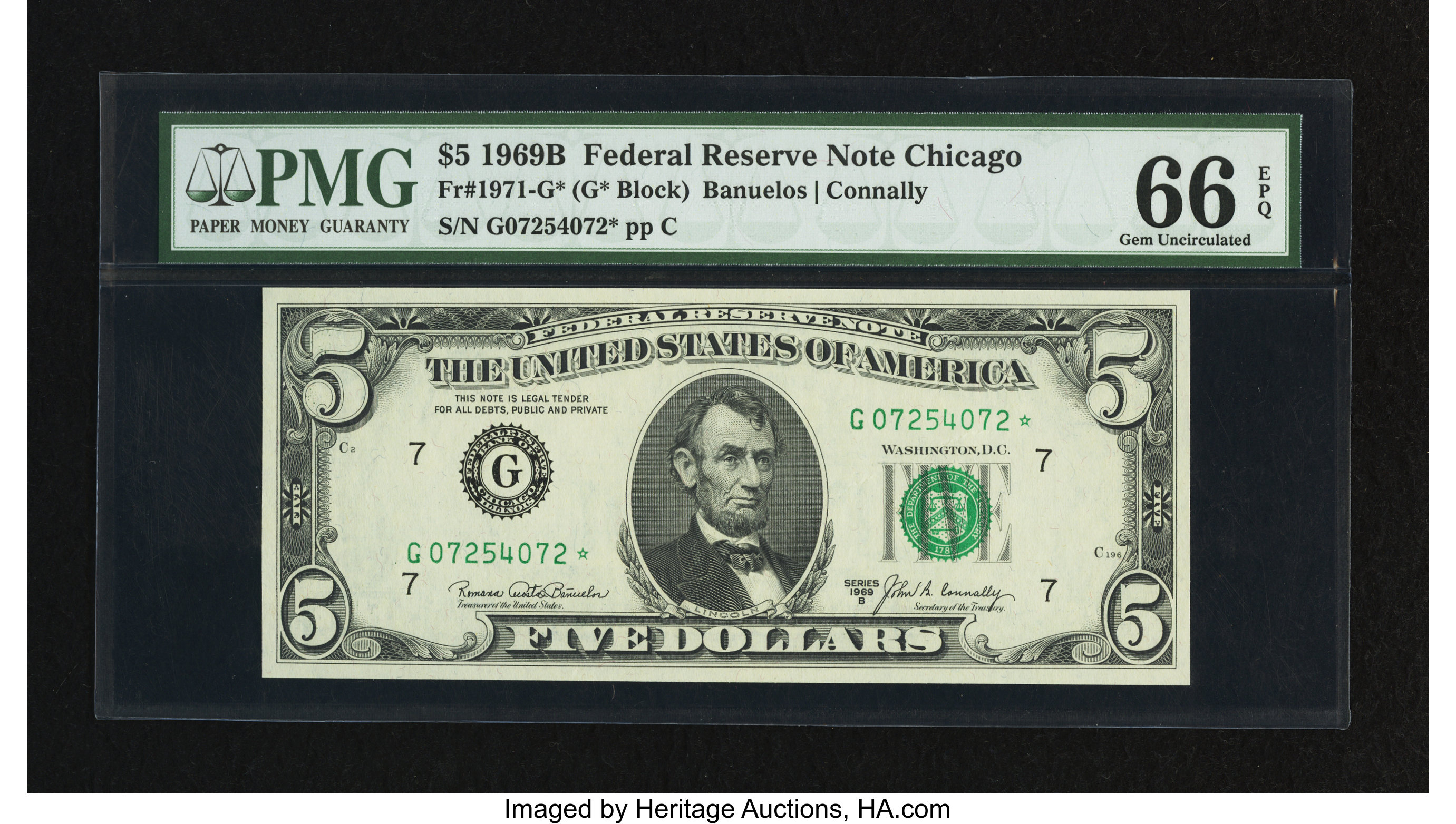 image for: Fr. 1971-G* $5 1969B Federal Reserve Note. PCGS Gem New 66PPQ....