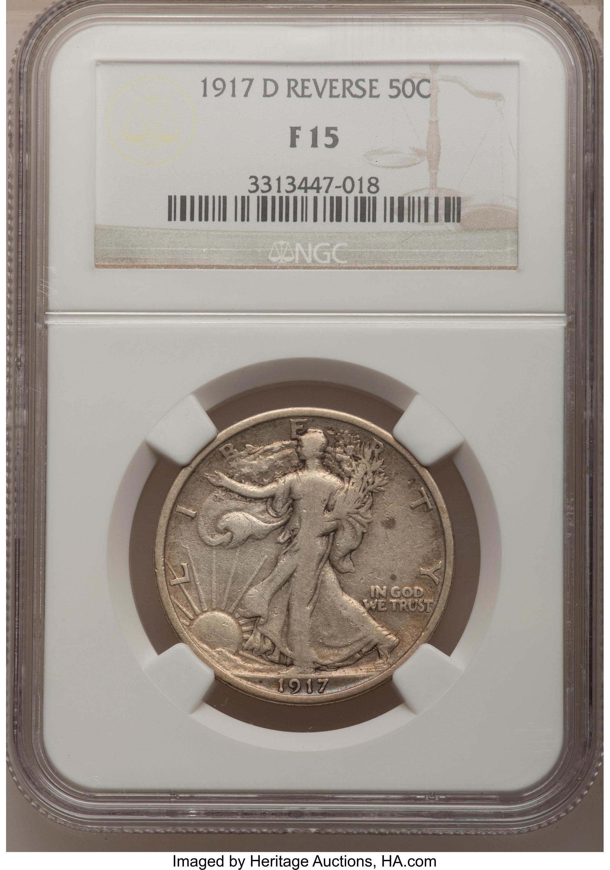 1917-D 50C Reverse Fine 15 NGC. NGC Census: (3/429). PCGS Population (6/594). Mintage: 1,940,000. Numismedia Wsl. Price for...