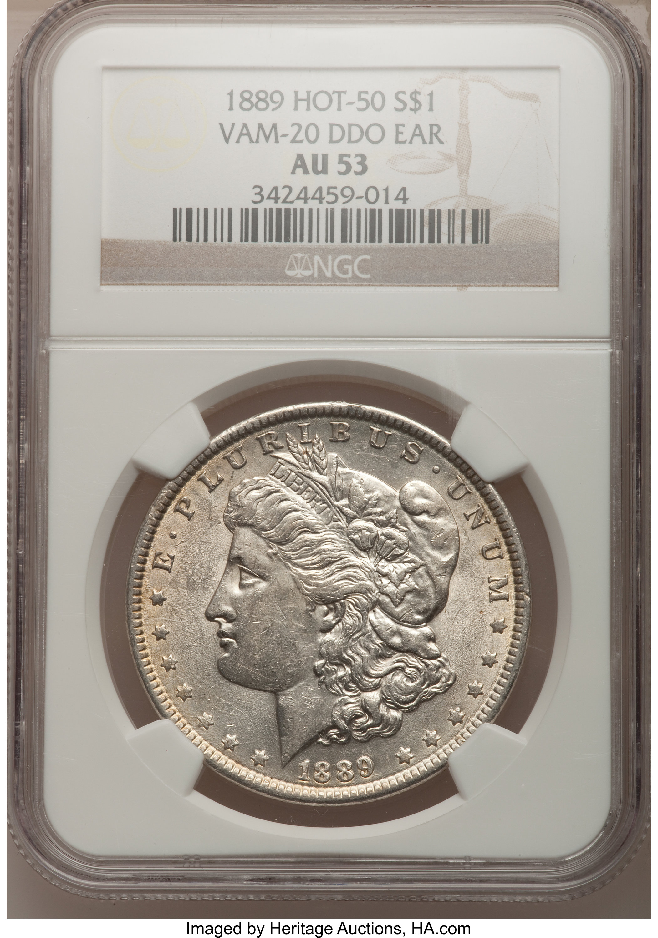 image for: 1889 $1 DDO Ear AU53 NGC. Vam-20 Hot-50. NGC Census: (24/28967). PCGS Population (52/25178). Mintage: 21,726,812. Numismedi...
