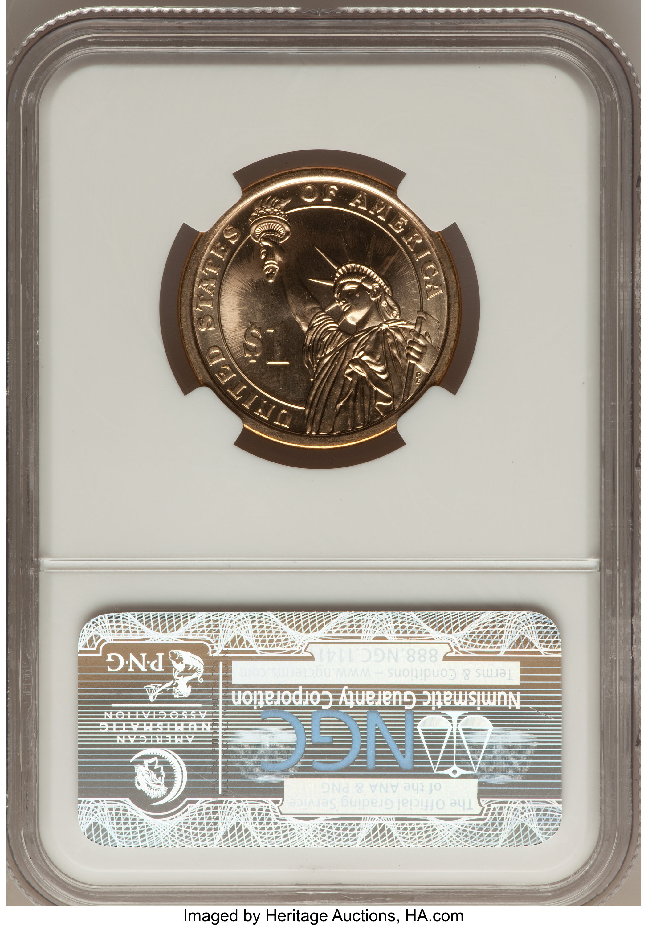 image for: (2009) $1 William Henry Harrison, Missing Edge Lettering MS66 NGC. NGC Census: (0/0). PCGS Population (15/6).  Numismedia W...