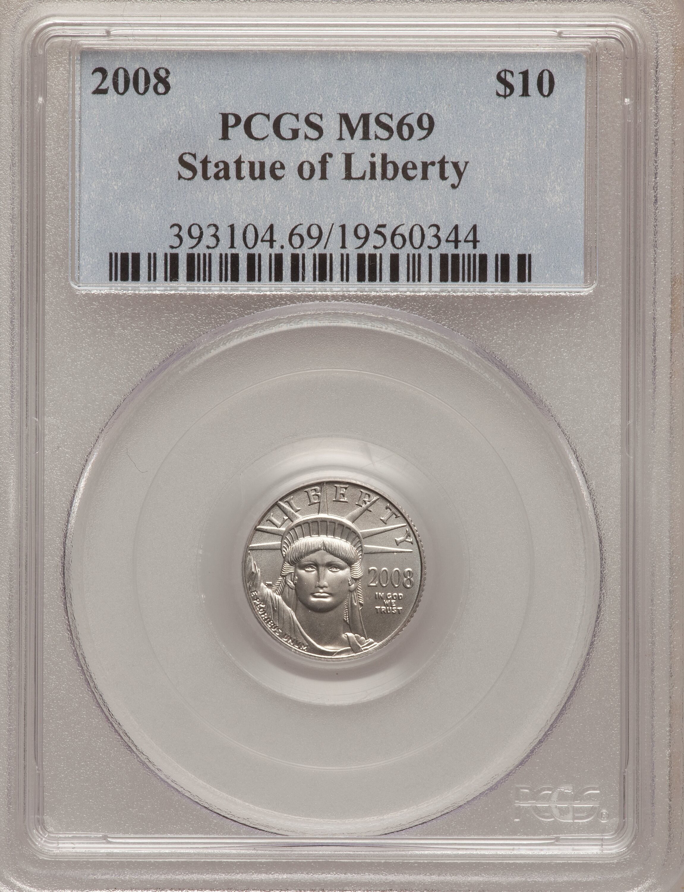 image for: 2008 $10 Plat 1/10 Oz MS69 PCGS. PCGS Population (1790/385). NGC Census: (0/0).   (#393104)...