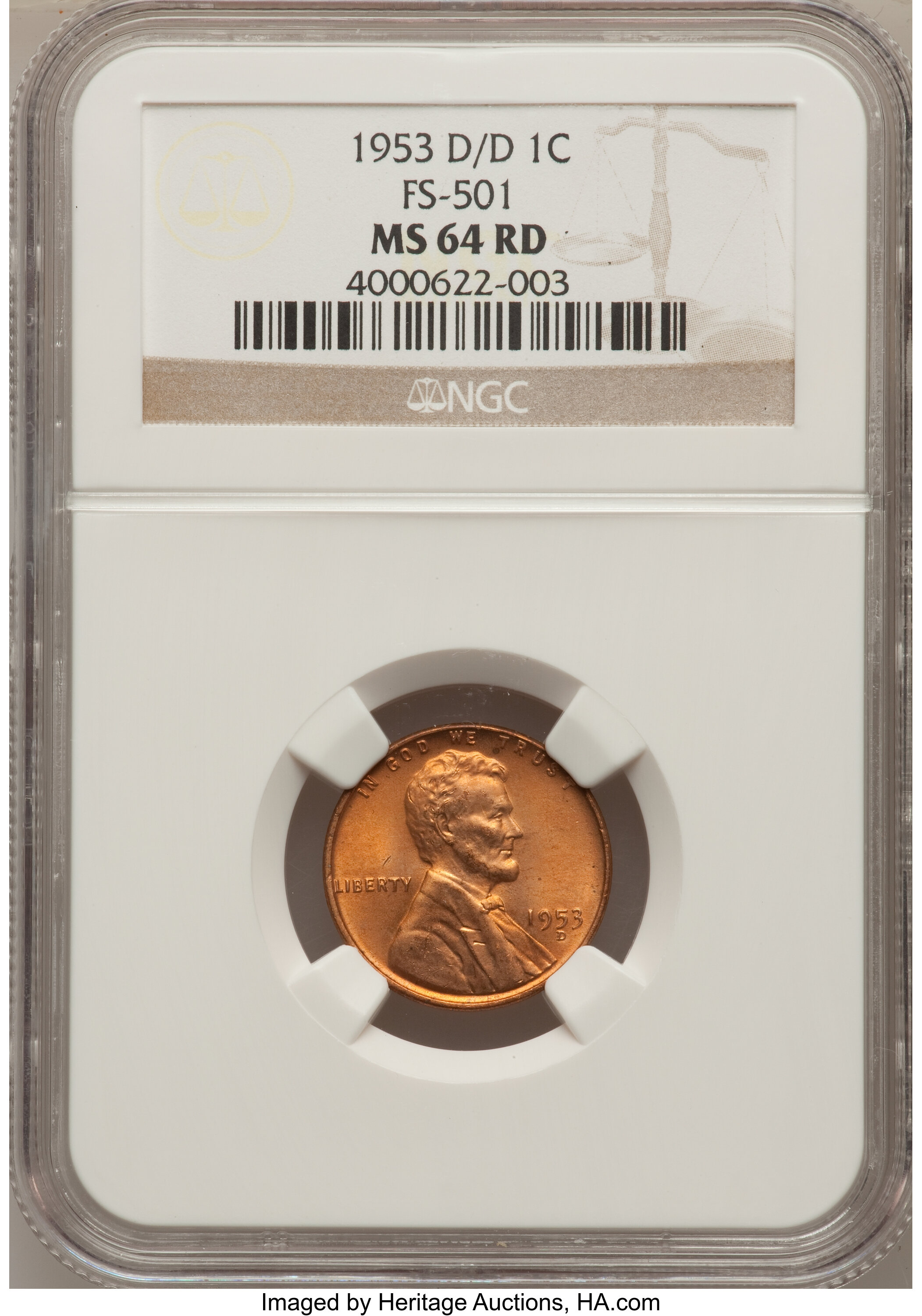 1953-D/D 1C MS64 Red NGC. FS-501. NGC Census: (80/2670). PCGS Population (98/1223). Mintage: 700,515,008. Numismedia Wsl. ...