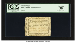 image for: North Carolina July 14, 1760 30s PCGS Apparent Very Fine 30....