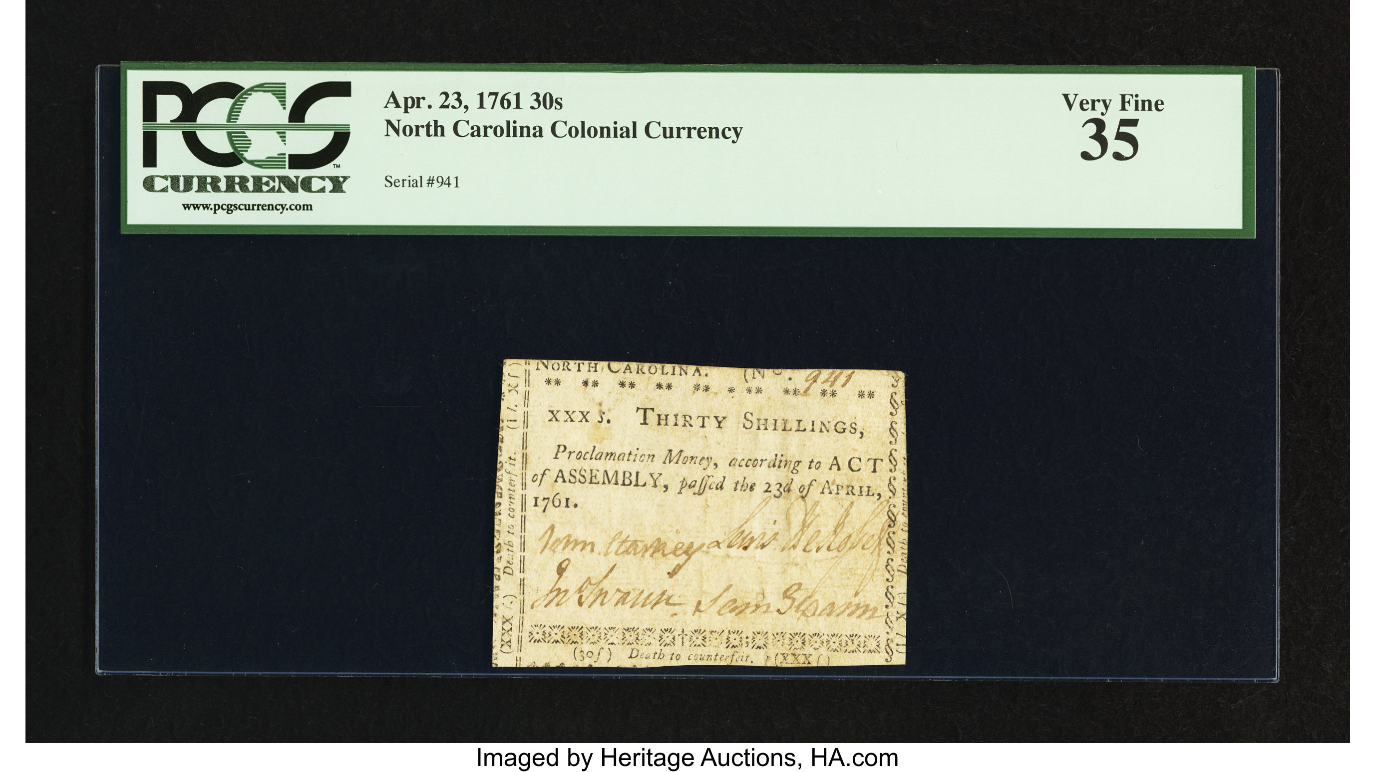 image for: North Carolina April 23, 1761 30s PCGS Very Fine 35....